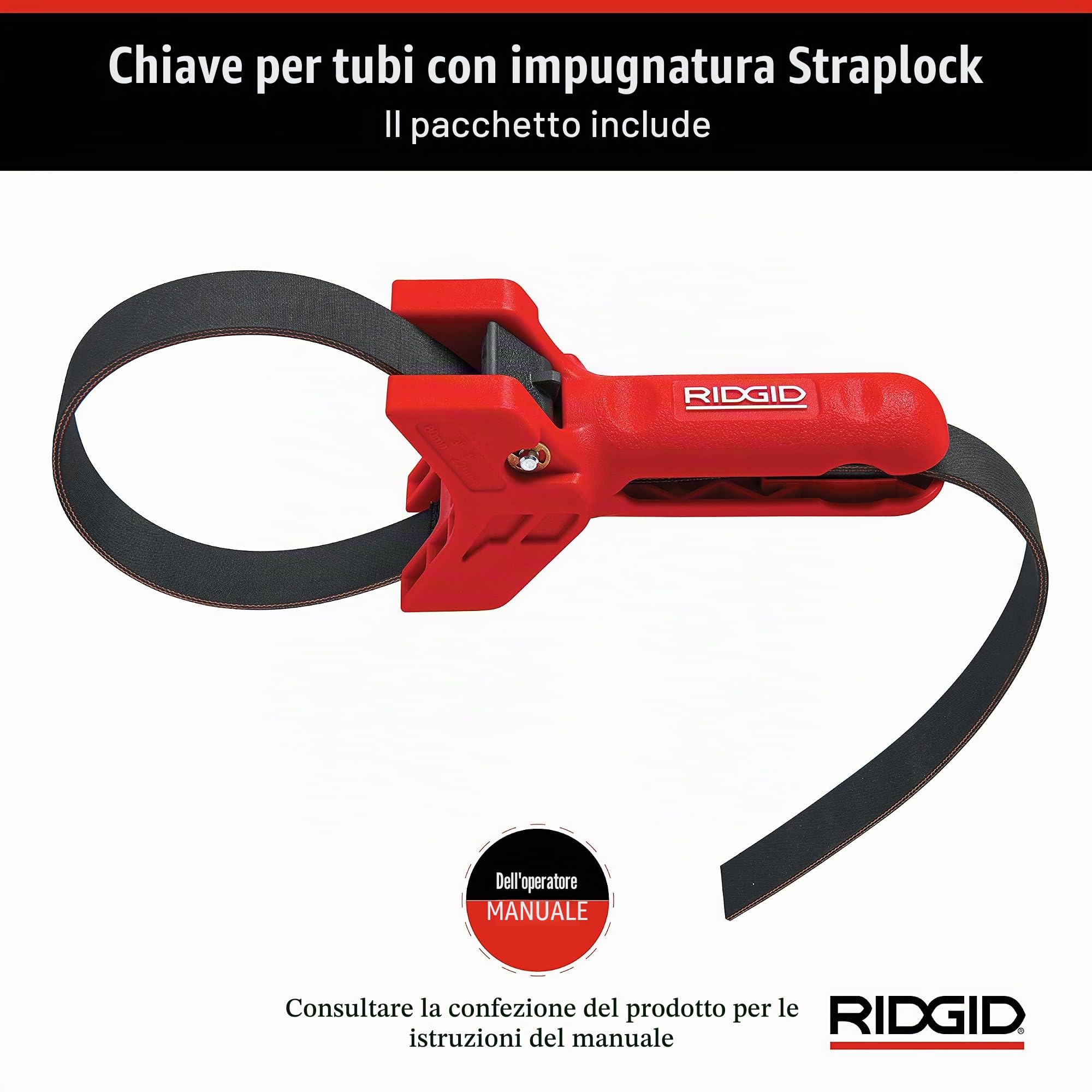 RIDGID 42478 Maniglia per tubo STRAPLOCK, giratubi a nastro da 7,5 cm a 20 cm