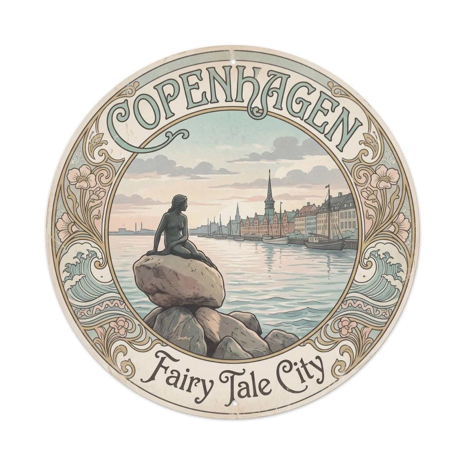 Cmhok Vintage Style Vintage Travel Copenhagen Denmark Mermaid Metal Tin Sign Plaque Wall Decor For Cafe, Club, Garden Round Metal Poster 8X8inch
