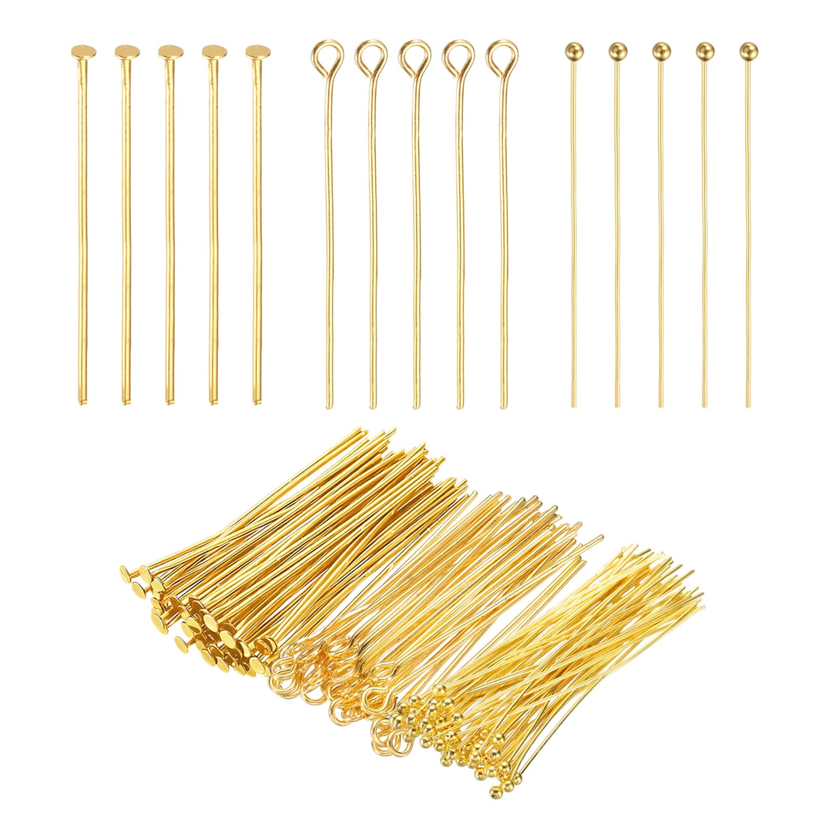 PATIKIL Head Pins Set for Jewelry Making, 600 Pcs 3 Styles 1.57" Flat Head & Ball Head Pins & Eye Pins Findings for DIY Necklaces, Earrings, Bracelets Making Supplies (Gold Tone)