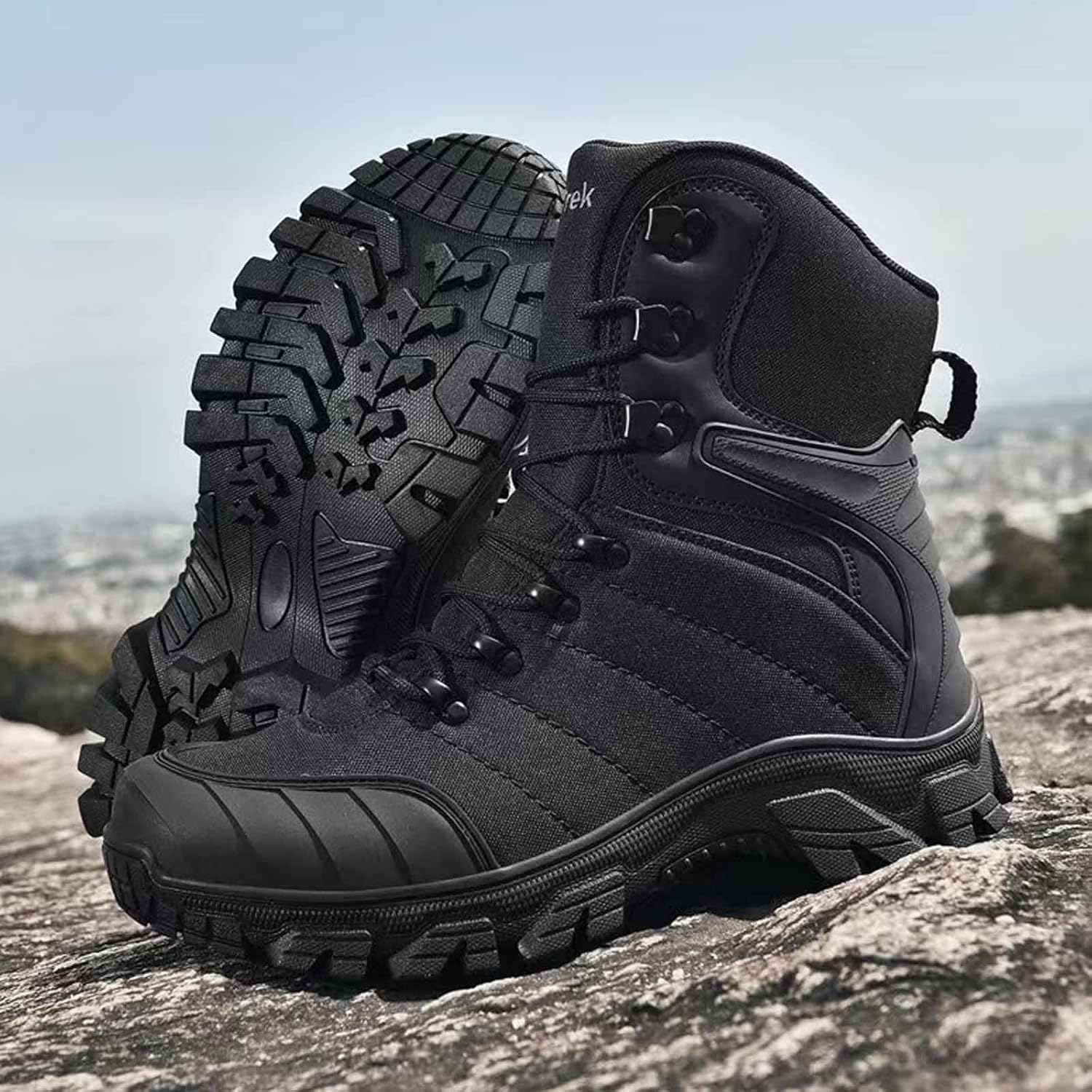 Men's Waterproof Lace Up Military Tactical Work Boots High Top OXford Cloth Non Slip Rubber Sole Backpacking Hiking Combat Boots Outdoor Comfortable All Day Motorcycle Boots