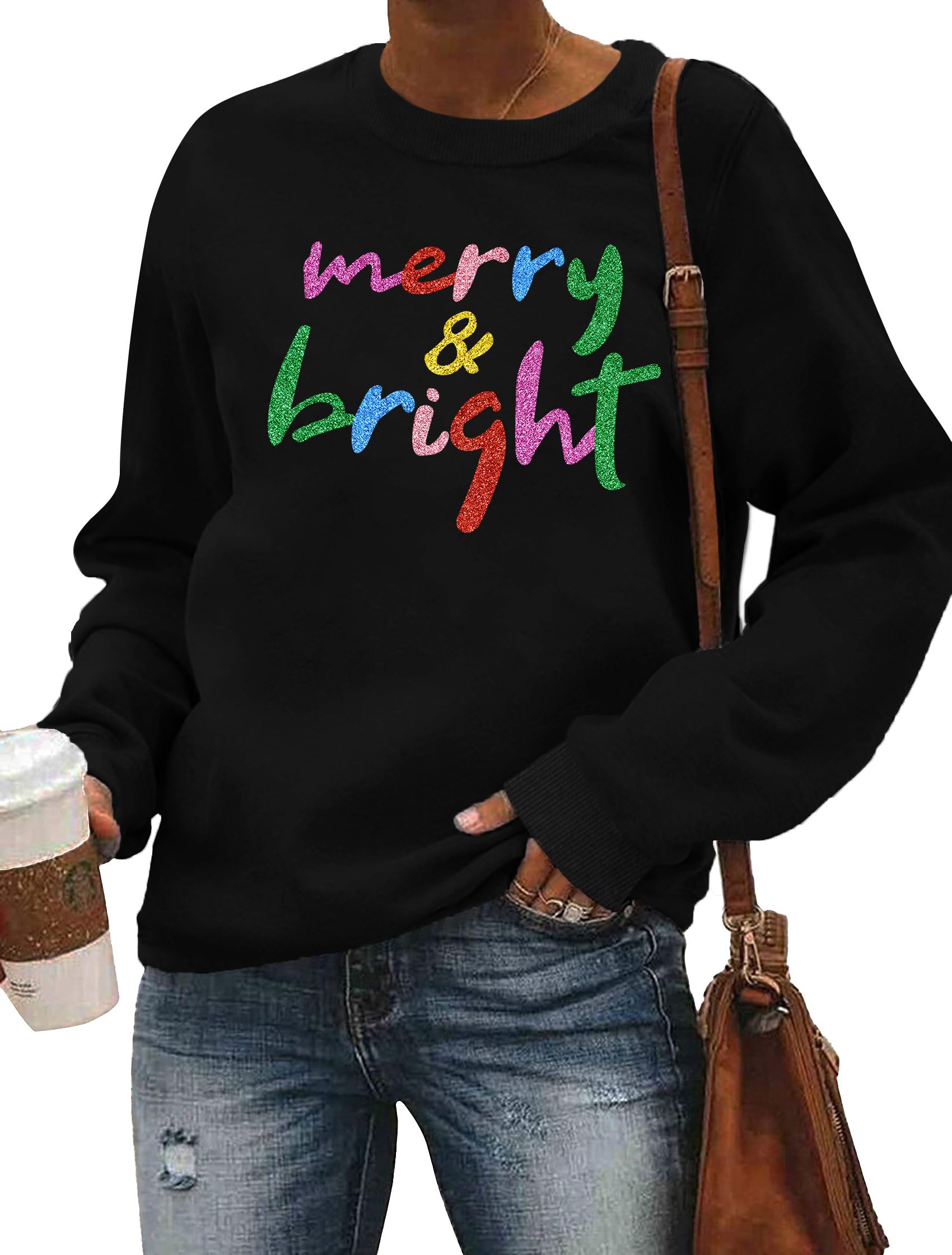 Christmas Sweatshirt Women Merry and Bright Christmas T-Shirt Funny Xmas Lights Blouse Tops Holiday Shirts