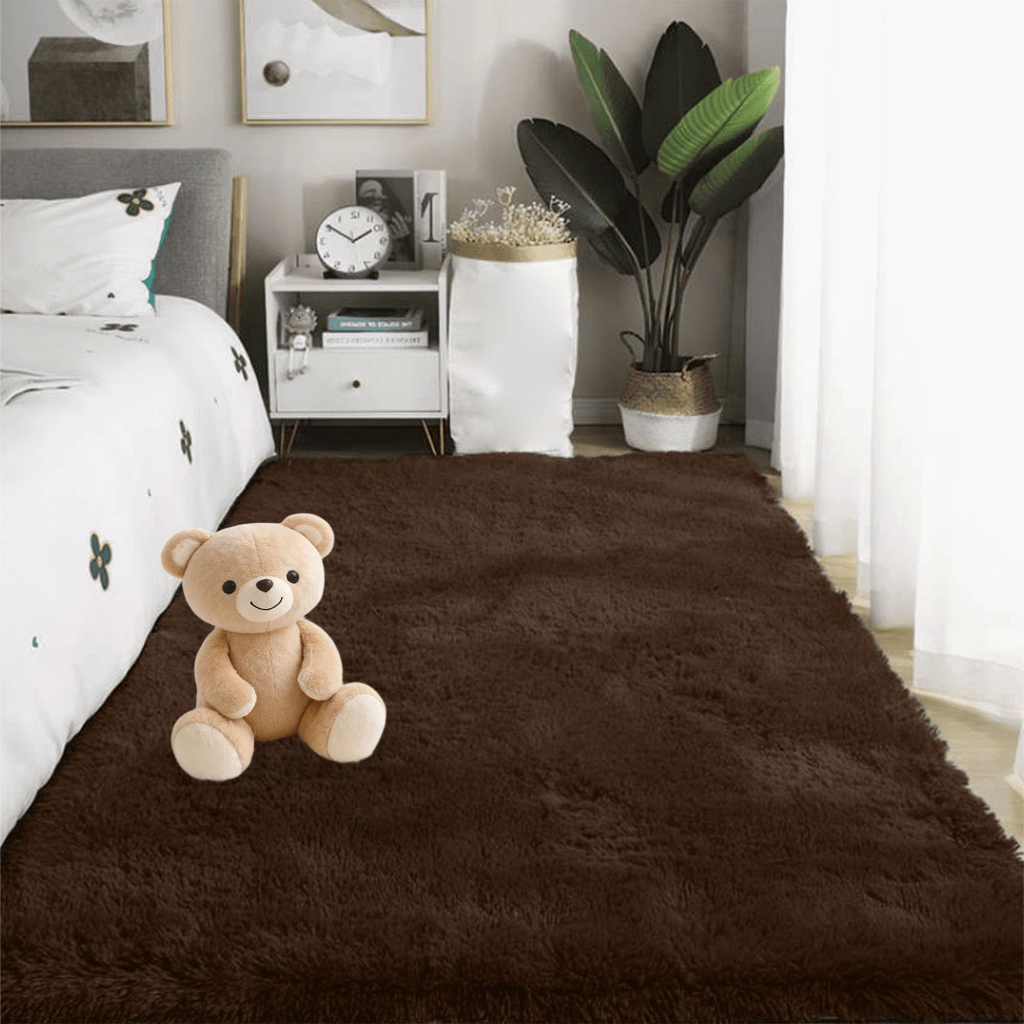 Tapis de salon 170 x 170 cm à poils longs grand tapis chambre lavable marron