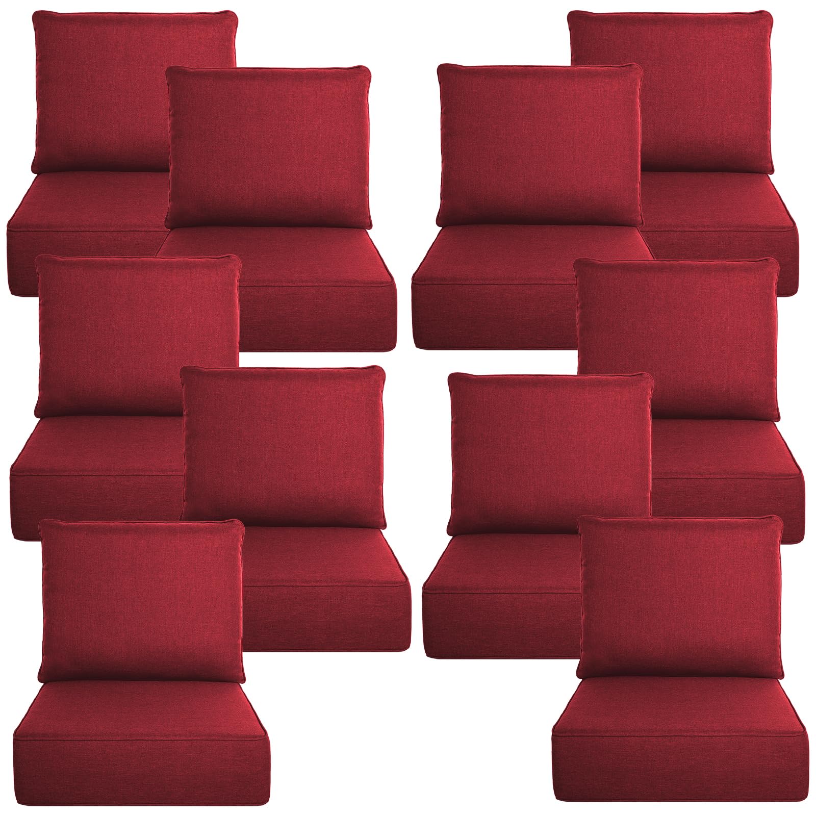 Luxury 6" Thick Outdoor Cushion Set 10-24x24 Patio Furniture Cushions with 28D High-Density Foam, Water-Resistant &amp; Fade-Resistant Fabric, Removable Covers for Patio Furniture Sofa Couch -Red