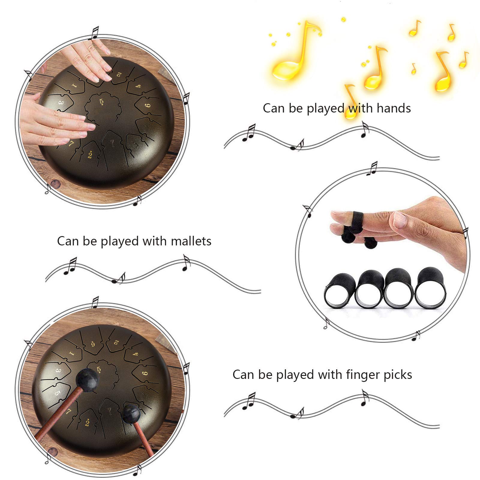 Bęben językowy 12 cali 13 notatek Instrument perkusyjny Handpan Drum Instrumenty perkusyjne stalowe z torbą, książką muzyczną, młotkami, białym