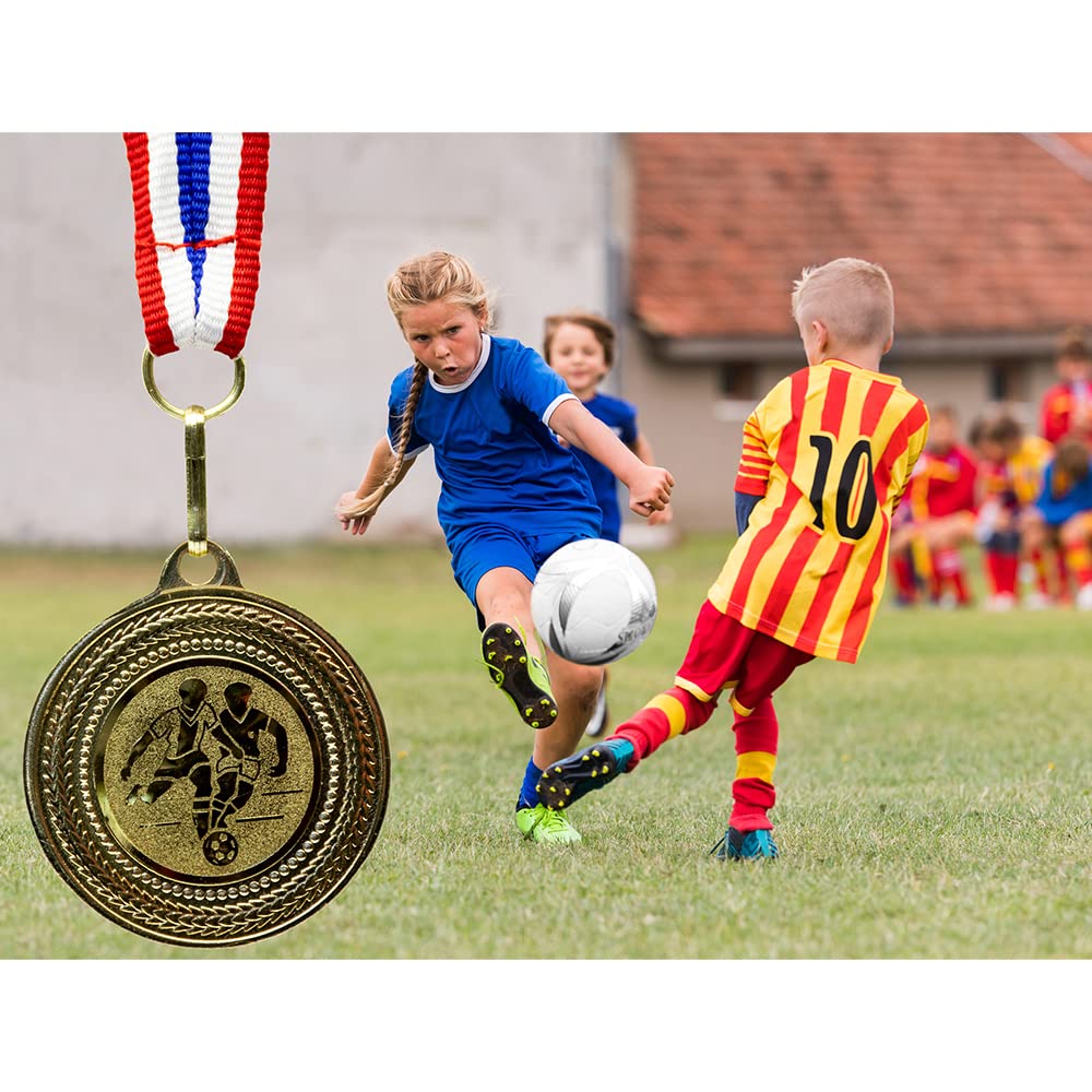 Pokal-Fabrik – Lot de 10 médailles de Football dorées en métal avec Ruban Bleu-Blanc-Rouge – Médailles pour Enfants, Clubs et Tournois – Idéal pour Remise de Prix et compétitions