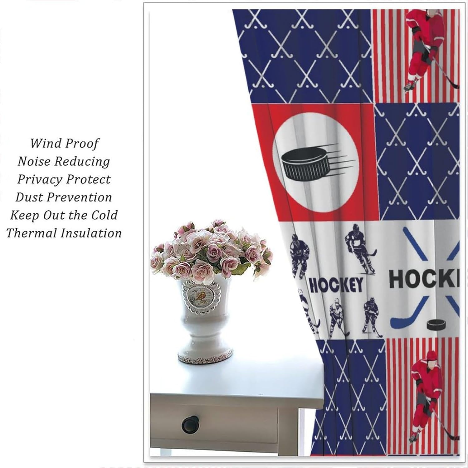 Hockey Blackout Curtain,Sports Ball Theme Plaid Boys Kids Pattern Print Window Curtains Cloth Farbic Dining Room Living Room Kitchen Cafe Bedroom Office Drapes,42x45 in