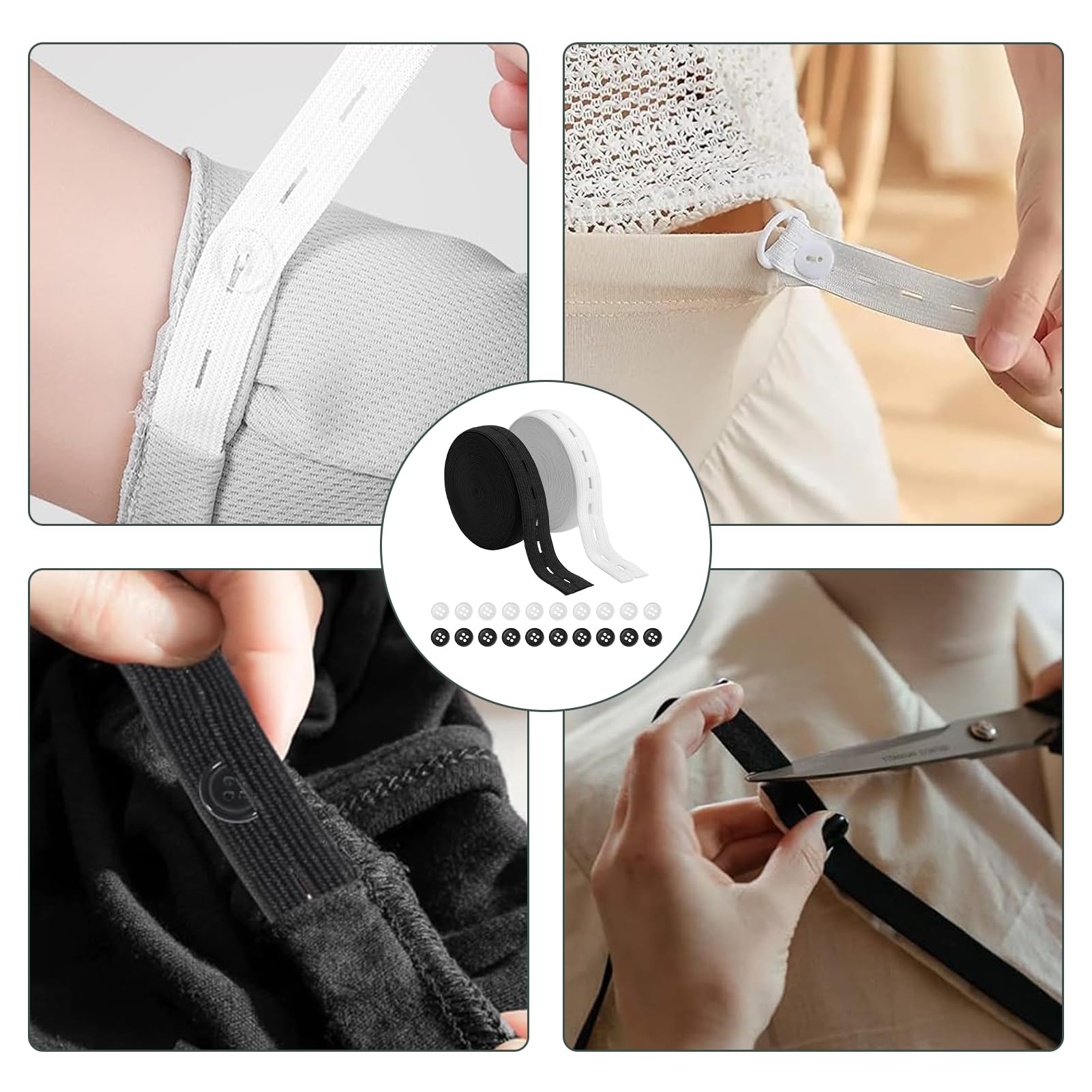 Élastique à Boutonnière – 2 Rouleaux De 8 M, 15 Mm, Avec 20 Boutons Résine, Pour Ajustement Vêtements