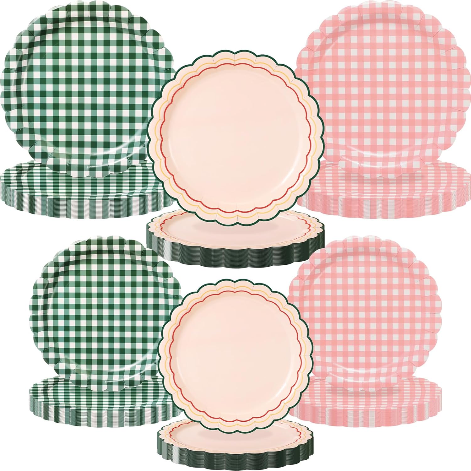 Havawish 144 Pcs Camp Gingham Paper Plates 7'' 9'' Easter Disposable Scalloped Checkered Plates Bachelorette Party Dinner Dessert Dishes Tea Party Tableware for Picnic Birthday Baby Bridal Shower