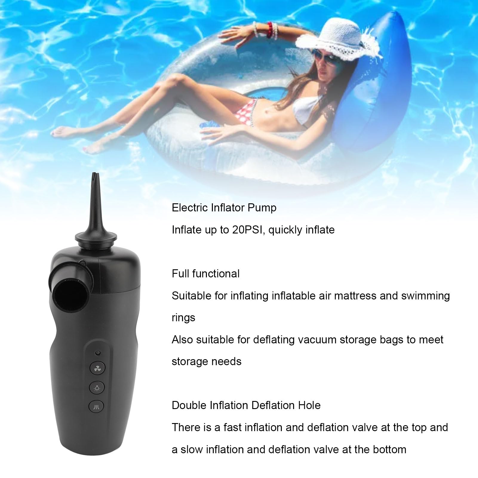Pompa D'Aria Elettrica Portatile 3000mAh Gonfiatore Deflatore per Casa All'aperto, 8 Ugelli, Materiale ABS, Cella Al Litio, per Materassi Ad Aria, Piscine