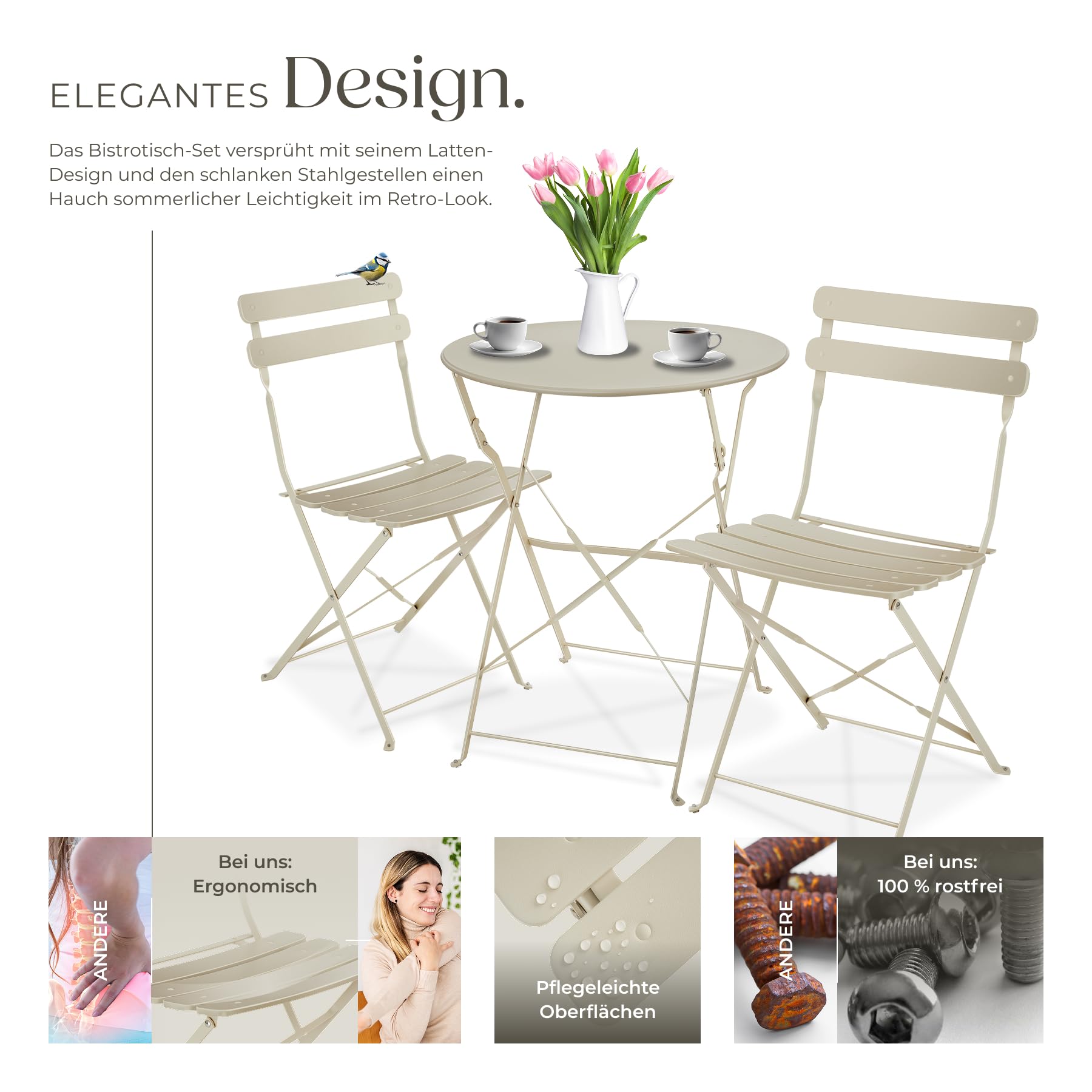 tectake® Gartenmöbel Bistro Set aus Gartentisch mit Stühlen, Balkonmöbel Kleiner Balkon, Klapptisch mit 2X Gartenstuhl, Outdoor Sitzgruppe mit Balkontisch, wetterfest für Garten, Balkon (Creme)