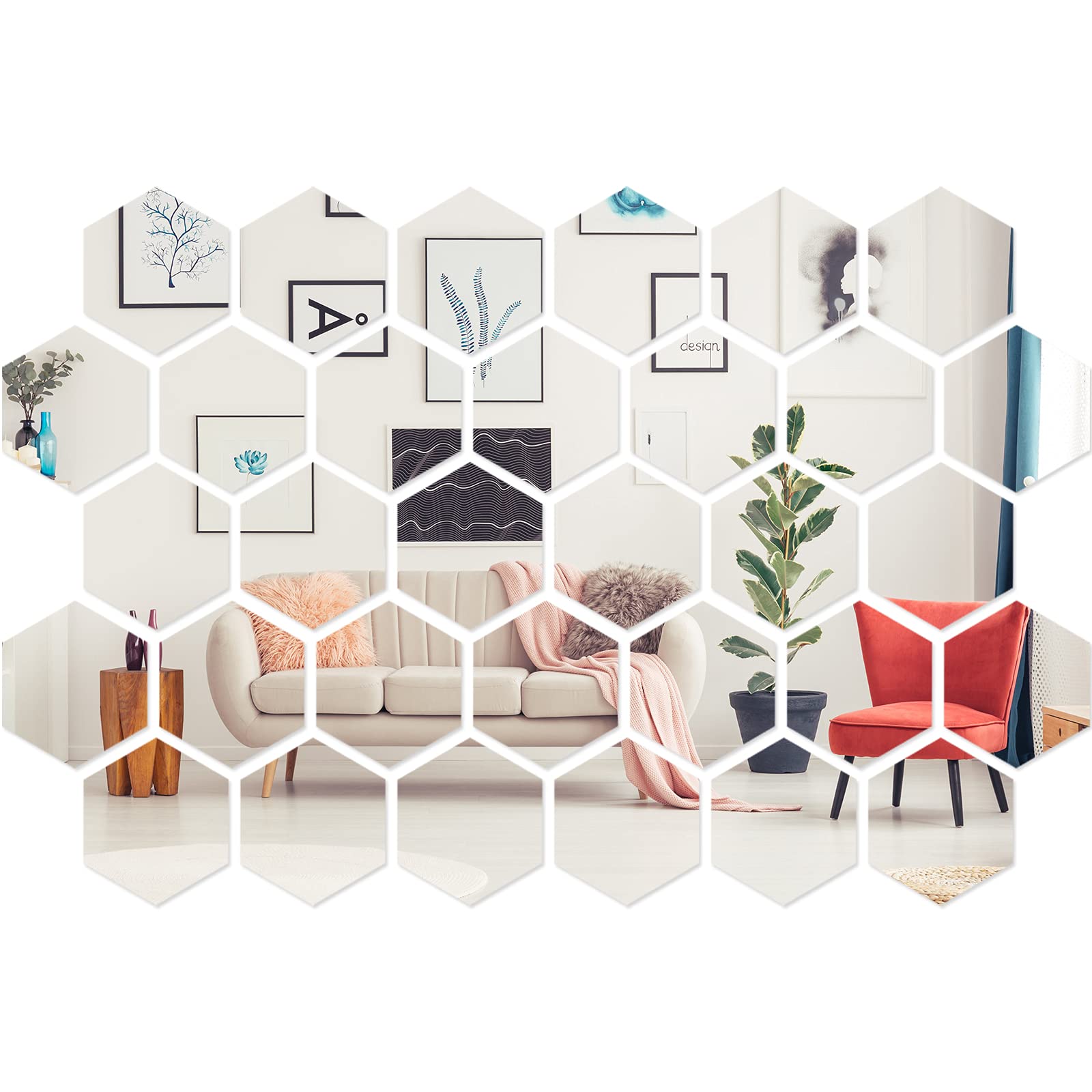 Shappy 32 Pcs Hexagon Mirror Wall Stickers Removable Silver Acrylic Mirror Stickers Honeycomb Decals for DIY Home Art Bedroom Living Room Wall Decoration(11 x 12.6 x 6.3 cm)