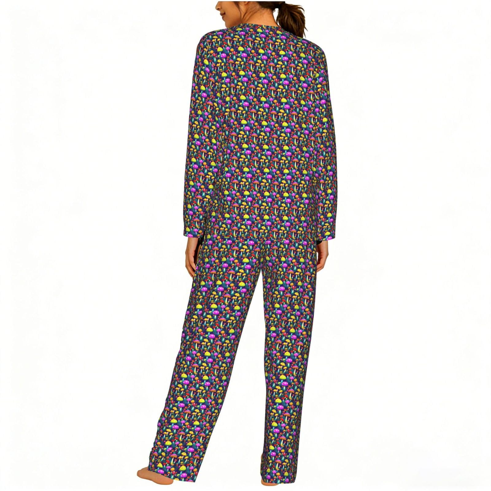 Bright Funghi Stampa artistica da donna a maniche lunghe pigiama coordinato morbido spiaggia vacanza biancheria da notte regalo casual