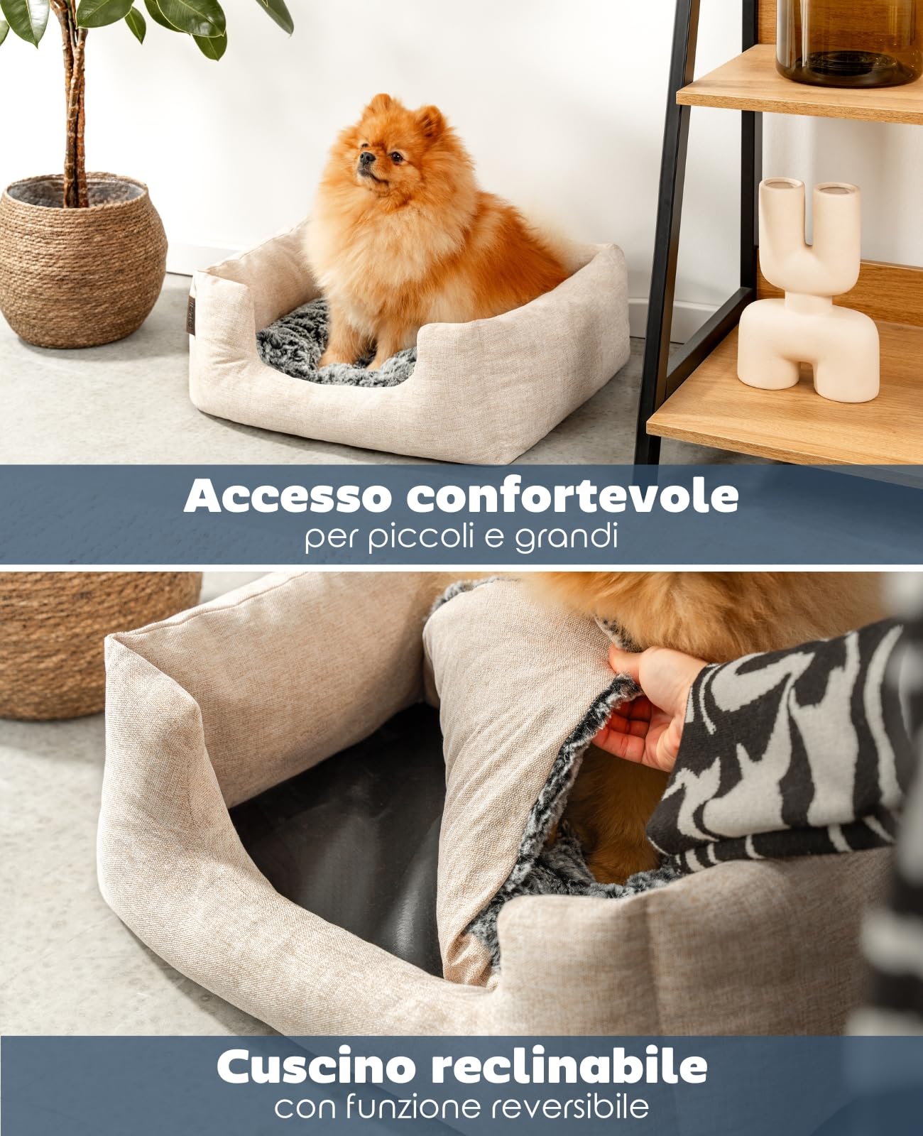 lionto Letto per cani (Tessuto melange) con Cuscino da pavimento reversibile Fondo antiscivolo, (S) 60x50 cm Beige