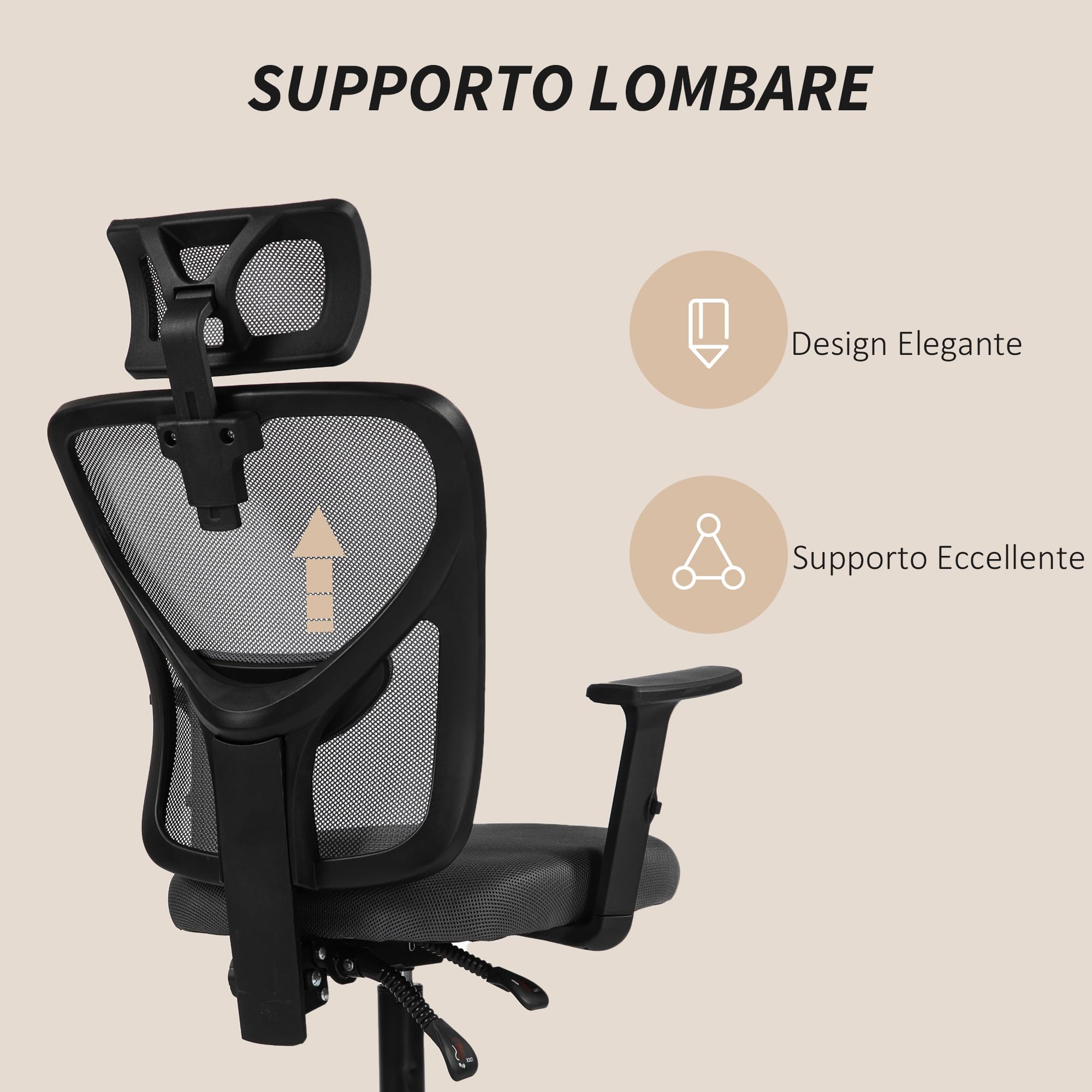 Vinsetto Sedia Ufficio Ergonomica 106-116cm Altezza Regolabile Grigio Scuro
