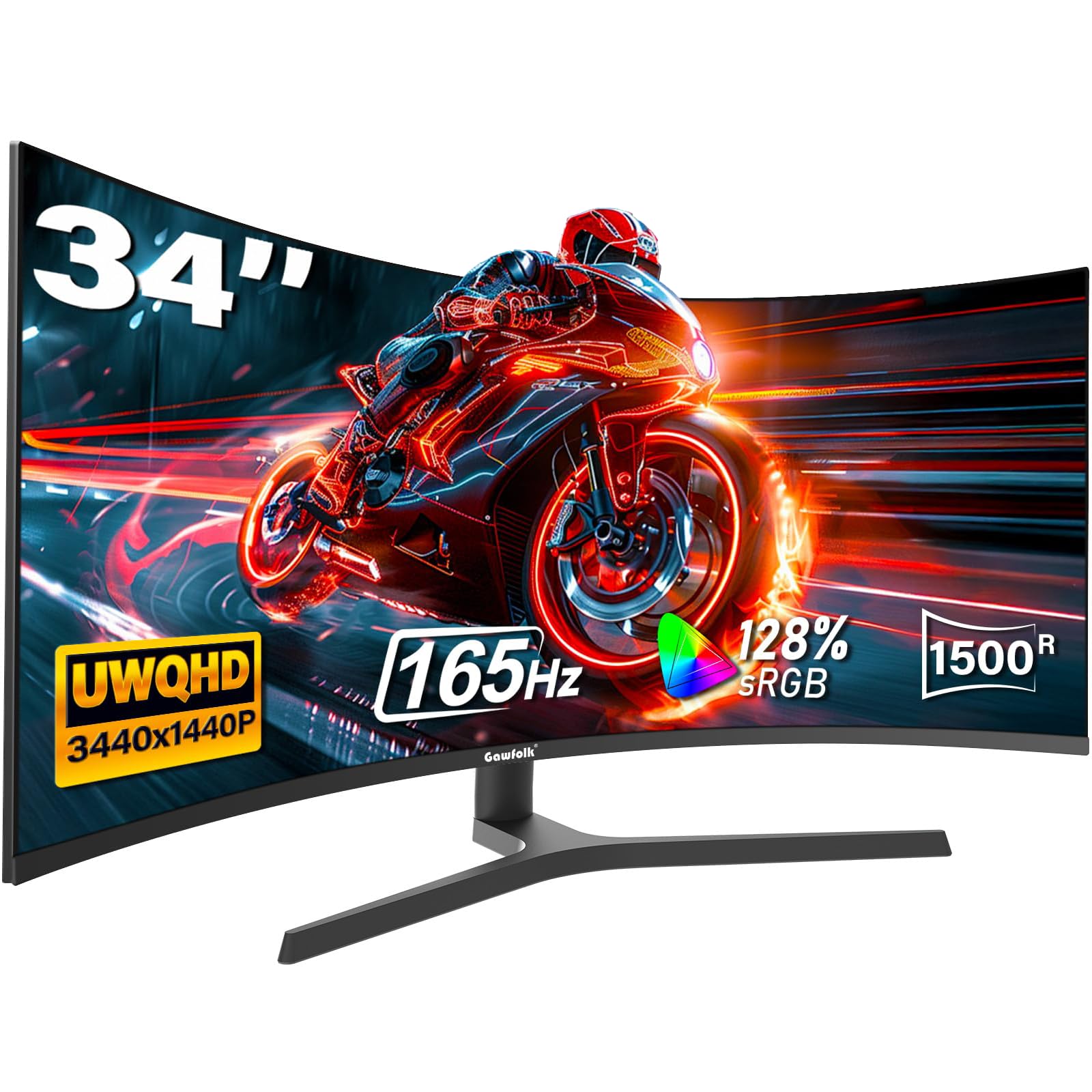 Gawfolk 34 inch Ultrawide Curved Gaming Monitor, 1500R PC Screen 165Hz UWQHD 3440x1440, Curved Computer Monitor with FreeSync,Liftable Stand
