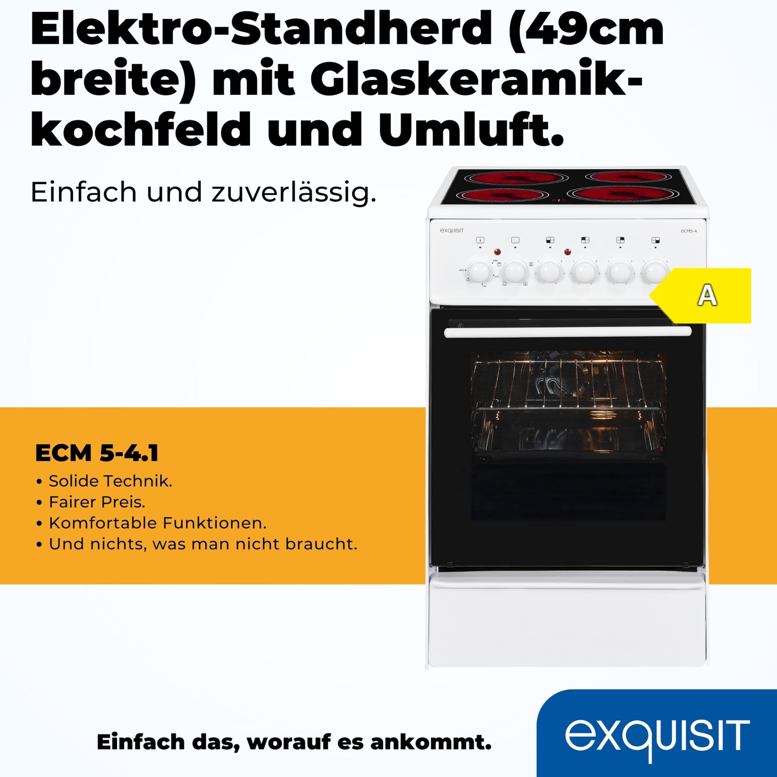 Exquisit ECM 5-4 Cuisinière Blanc Plaque avec zone à induction A - Fours et cuisinières (Cuisinière, Blanc, Rotatif, Devant, Plaque avec zone à induction, Verre-céramique)