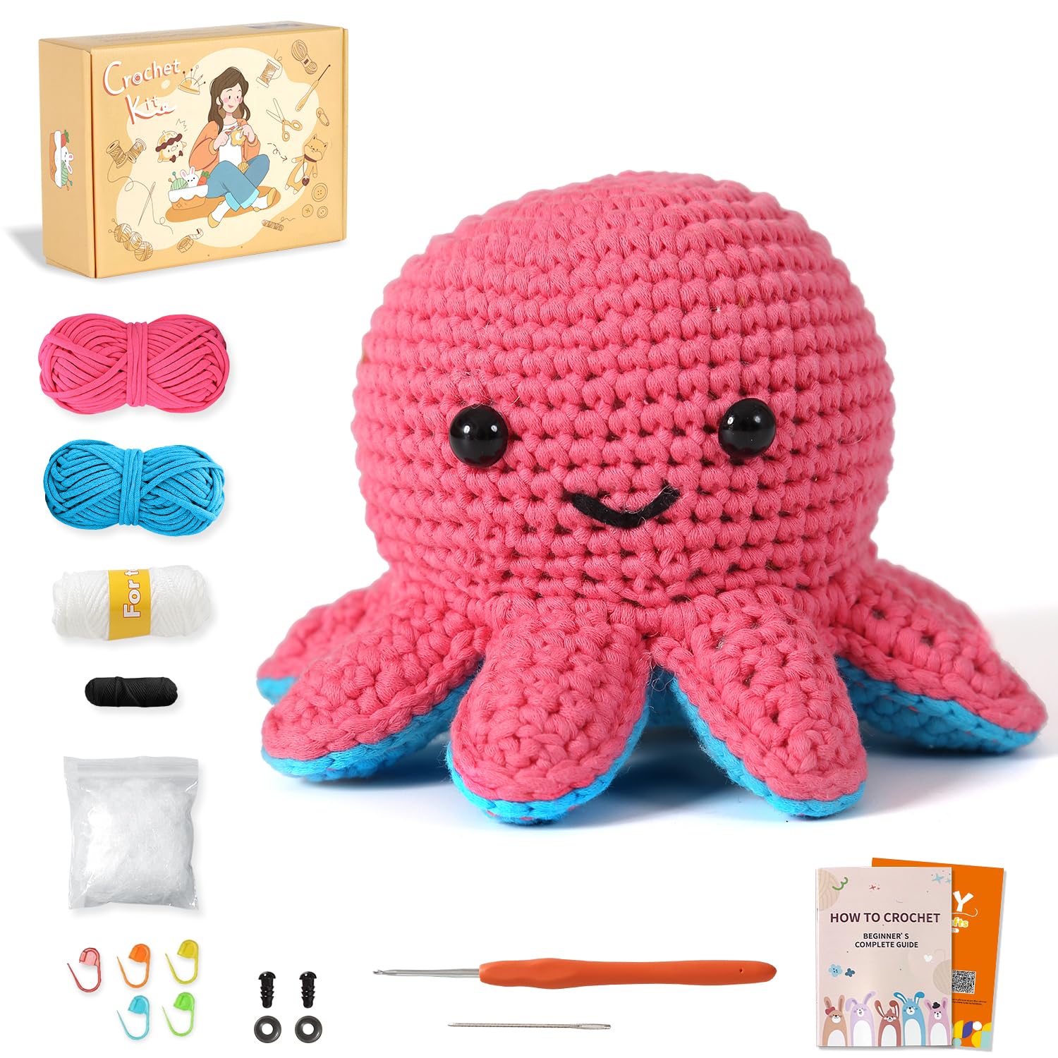 Häkelkit für Anfänger, Häkeltier-Kit mit Schritt-für-Schritt-Video-Tutorials, Easy Garn und 20% Extra-Übungsgarn-Cut-Tintenfisch