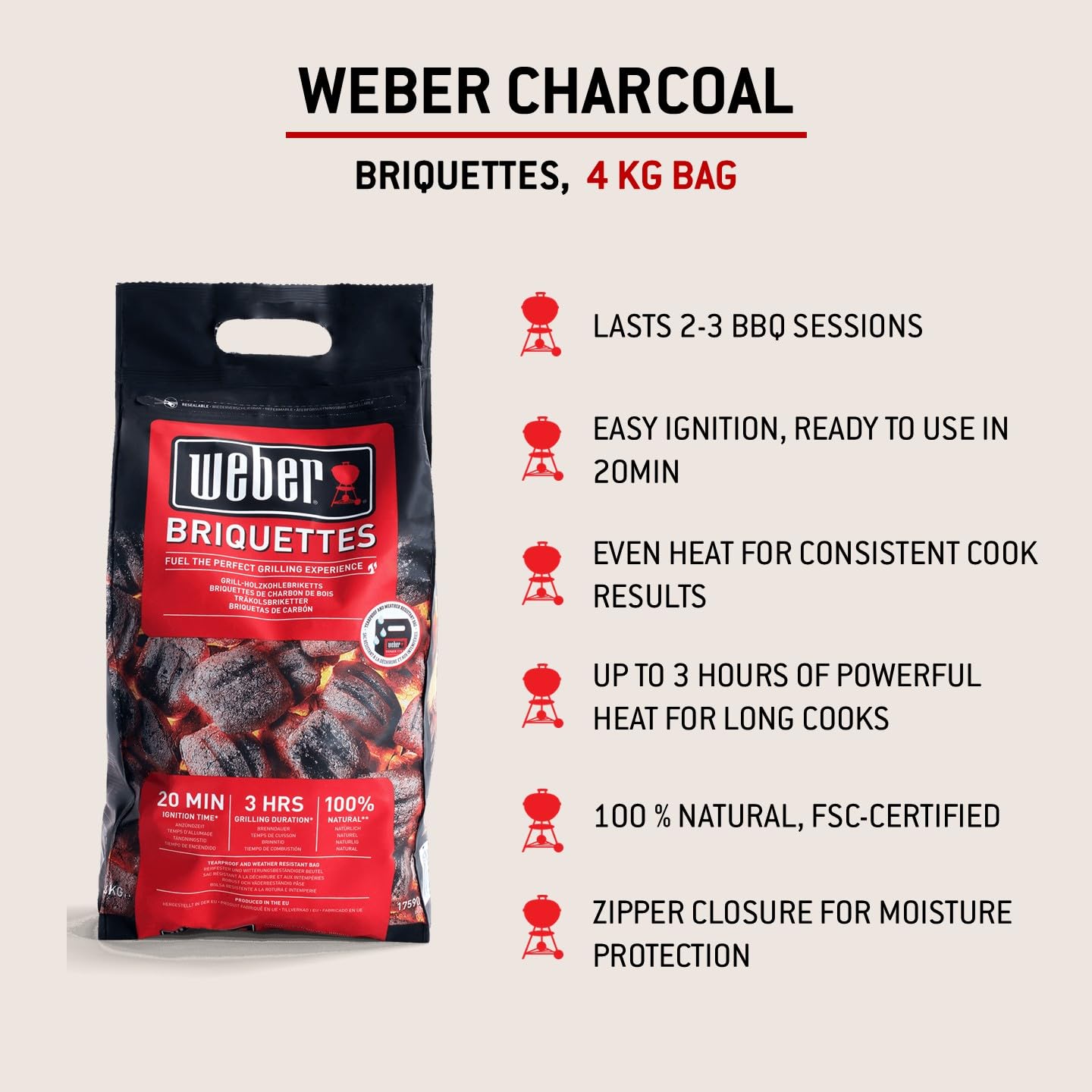 Weber Bricchetti di carbone 4 kg BBQ combustibile naturale accensione 20 minuti 3 ore