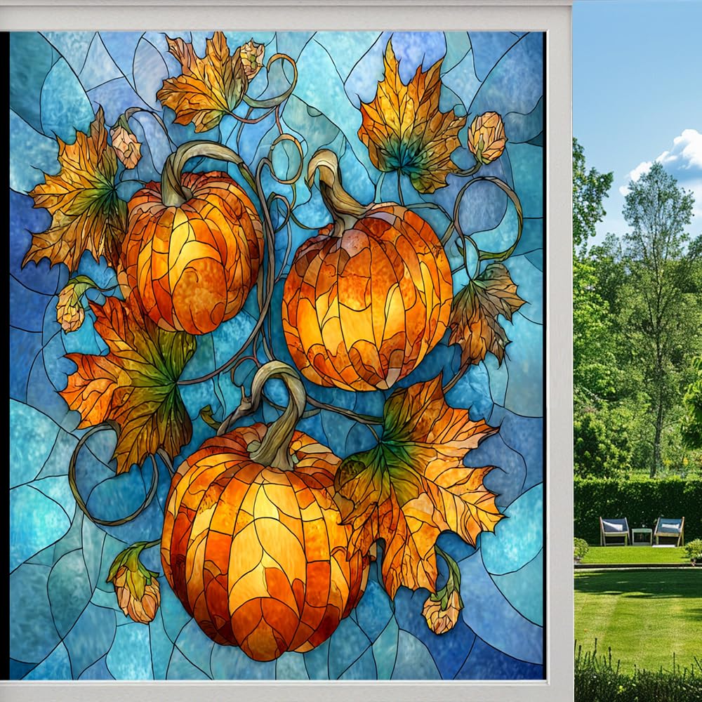 Colorful Pumpkins Stained Glass Window Film, Natural Maple Leaf Plants Peel and Stick Privacy Film, Frosted Adhesive Vinyl Decorative for Bathroom Windows Glass Doors, （50x100cm）