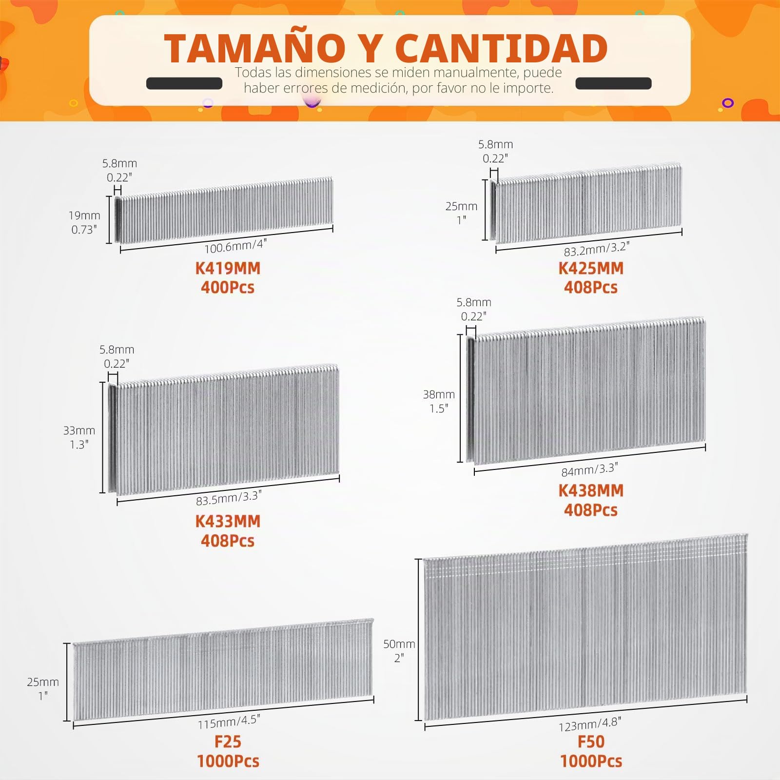 Tanstic 3624 piezas de grapas de corona estrecha de calibre 18 de 1/4 pulgadas con clavos de clavo, 3/4 pulgadas, 1 pulgada, 1-1/4 pulgadas, 1-1/2 pulgadas de acabado galvanizado y clavos de 1 pulgada