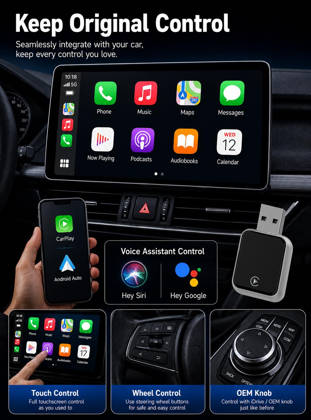 BOZIZI Adattatore Wireless CarPlay USB per iPhone, Bluetooth 5.3 e Wi-Fi 6, connessione automatica e zero-delay, adattatore wireless Android per sistemi Android e iOS (grigio chiaro)