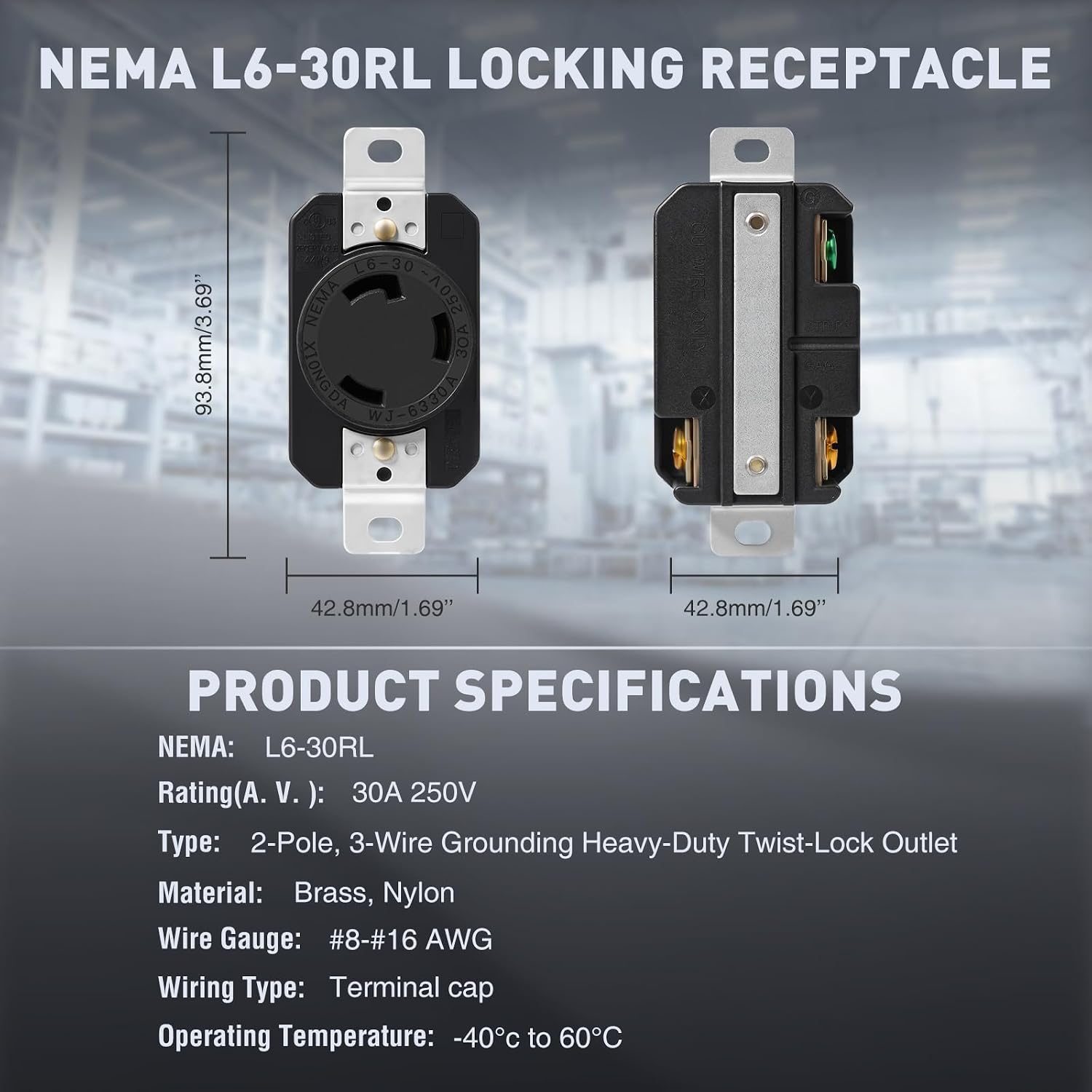 1 Pack NEMA L6-30R Flush Mount Locking Receptacle, 30 Amp 250V Twist Lock Outlet, 2 Pole 3 Wire Grounding Industrial Grade Heavy Duty Socket, UL Listed for Generator, RV, Marine & Welding