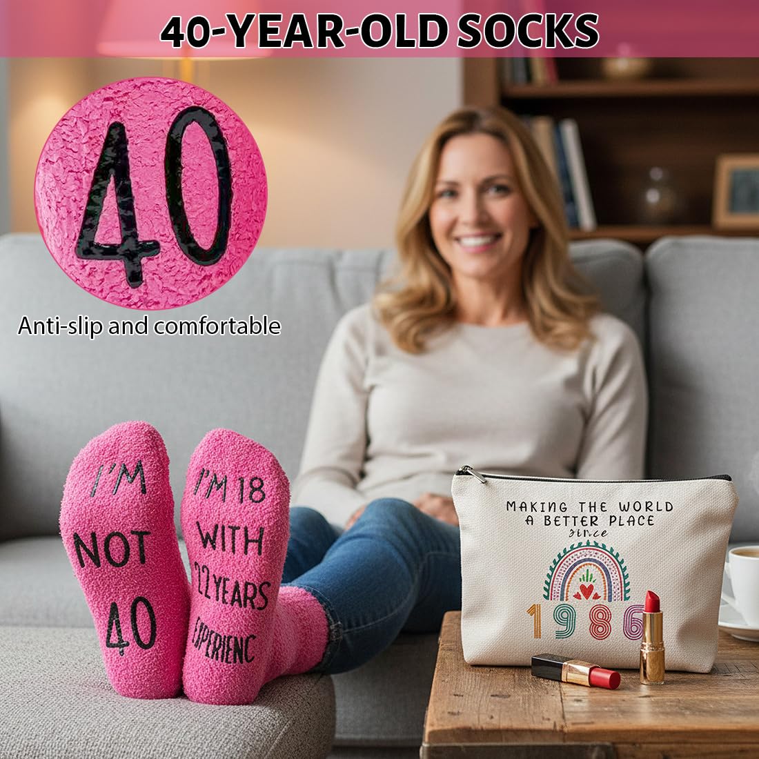 2 Pcs Regalo de Cumpleaños Ideal para Mujeres, Neceser 40 Cumpleaños, Cumpleaños para Esposa, Incluye Bolsa de Maquillaje y Calcetines de Cumpleaños para Mujeres (1986-40 años)