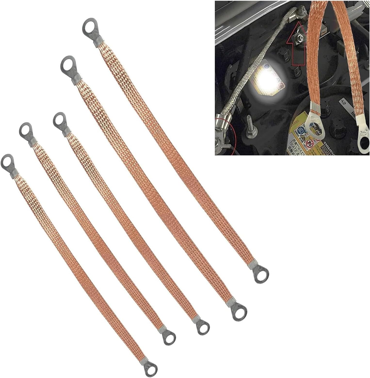 Engine Grounding Strap, Multi-purpose Braided Copper Distribution Box Bridge Jumper, High Temperature Resistant Flexible Cable Tape Set with Connection Terminals, for Most Cars (Gold)