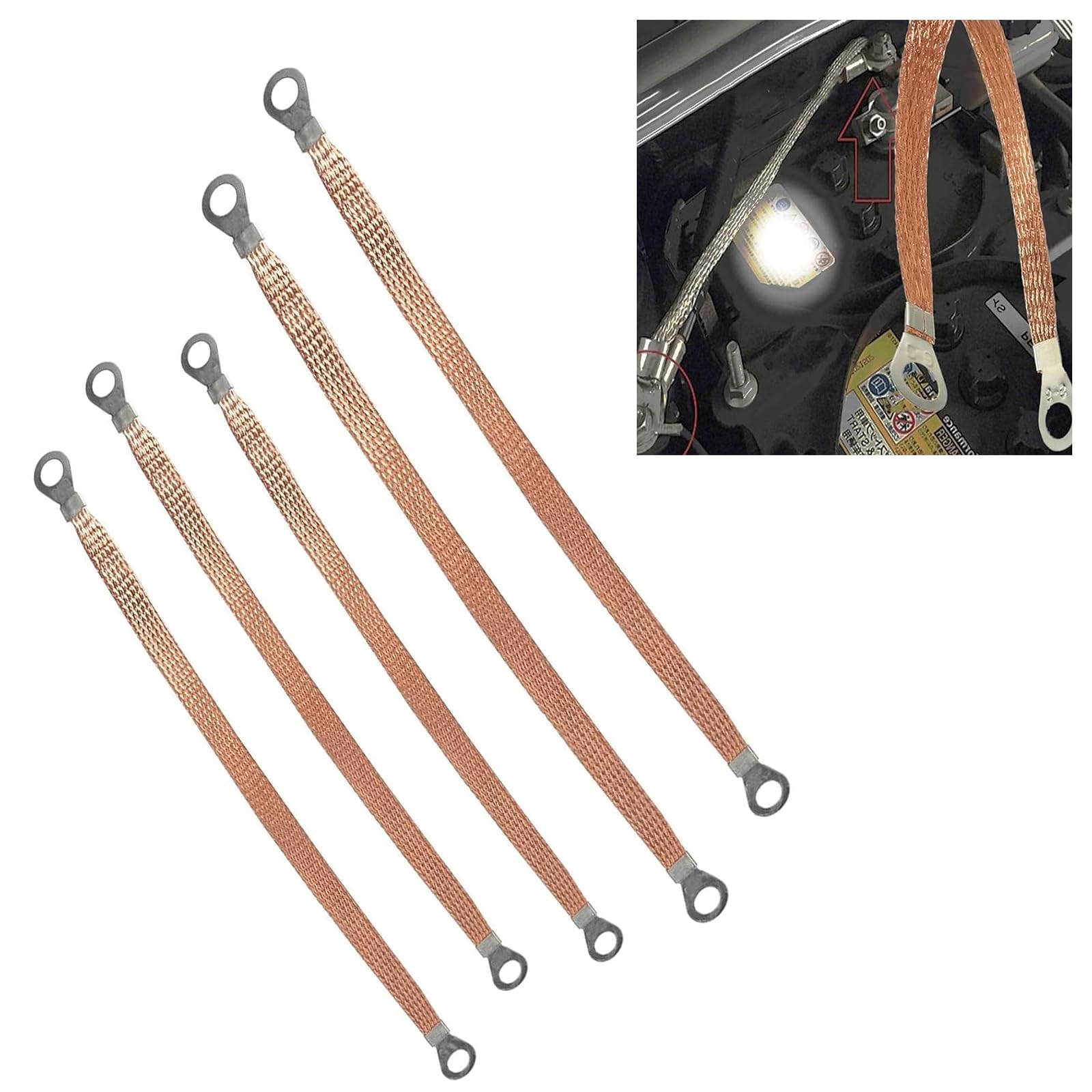 Engine Grounding Strap, Multi-purpose Braided Copper Distribution Box Bridge Jumper, High Temperature Resistant Flexible Cable Tape Set with Connection Terminals, for Most Cars (Gold)