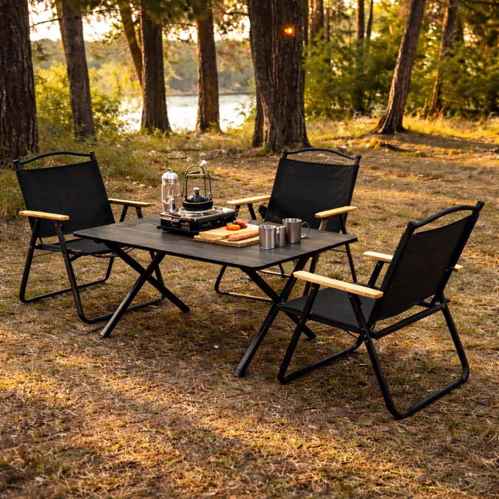 Camping Tisch mit 4 Stühlen Set – 120x60 cm Klapptisch faltbar, 4X Campingstuhl klappbar, Stahlrahmen & Oxford-Gewebe – Outdoor Möbel Set für Camping, Vanlife, Garten, Festival