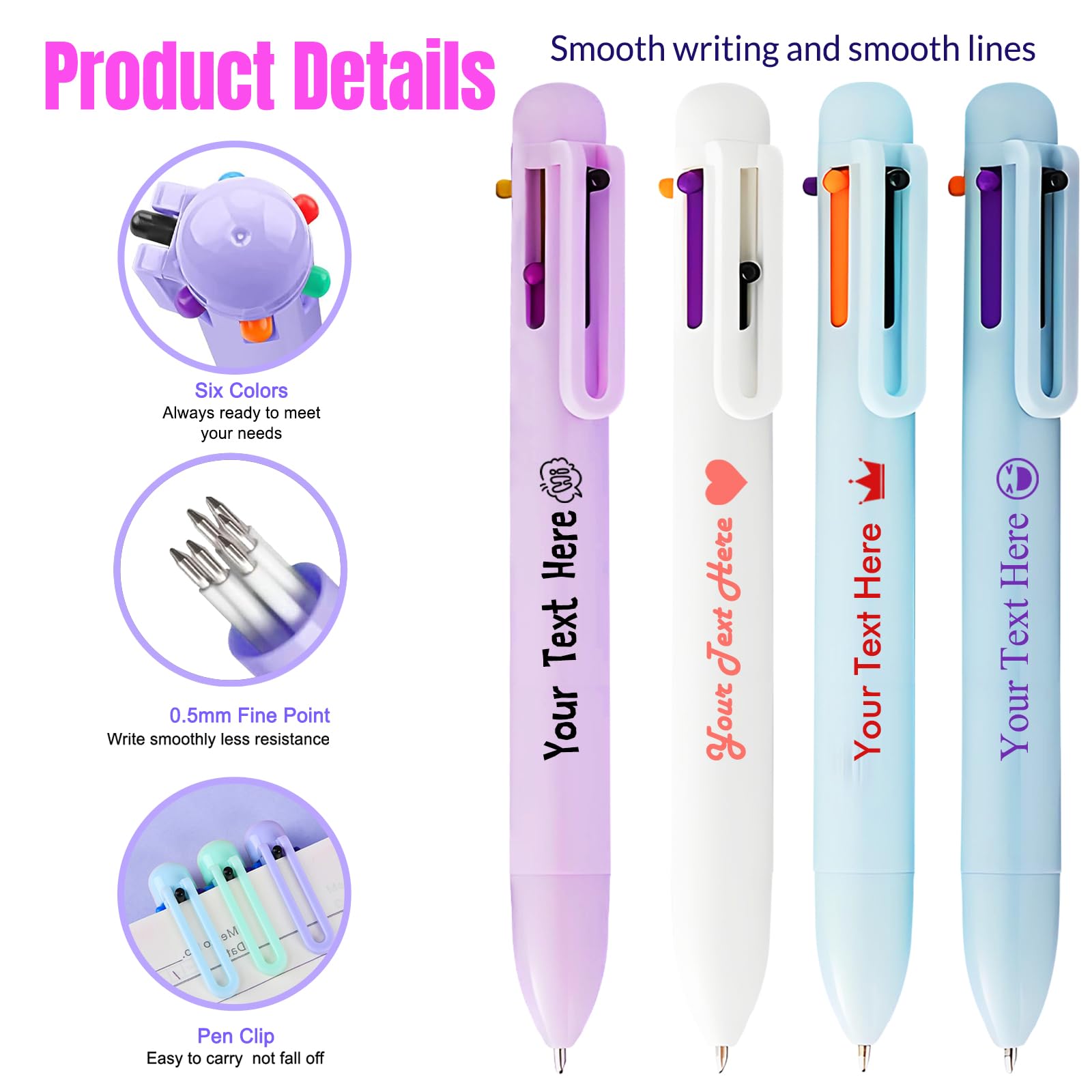 6-in-1 Custom Pens Personalized with Logo Text Customized 6 Ink Color 0 5 mm Smooth Fine Point Retractable — view 3