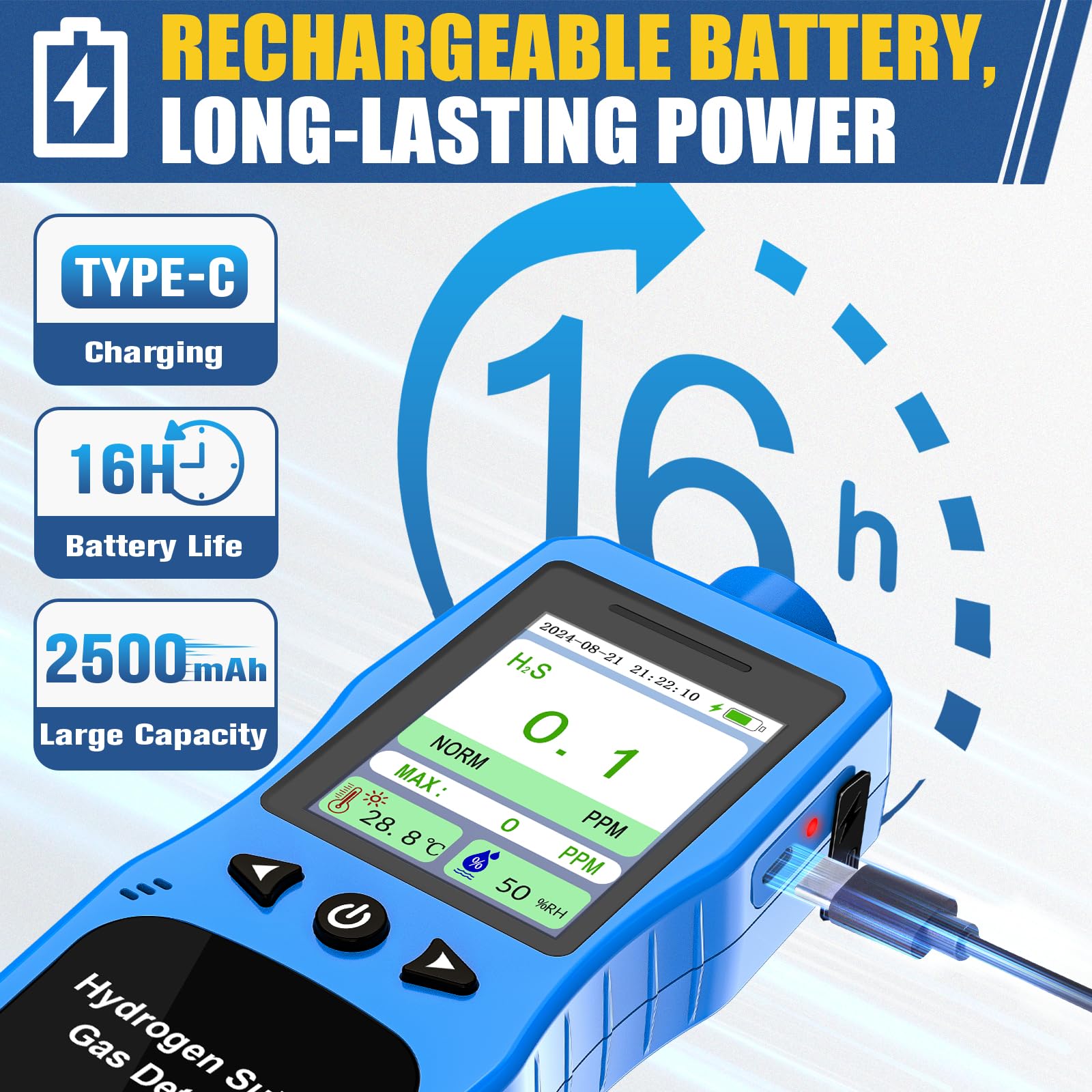 Monitor H2S 0-100PPM, Analizzatore di Gas Solfuro di Idrogeno, Misuratore di Qualità Dell'Aria Ricaricabile per Solfuro di Idrogeno con Tester di Temperatura e Umidità, Blu