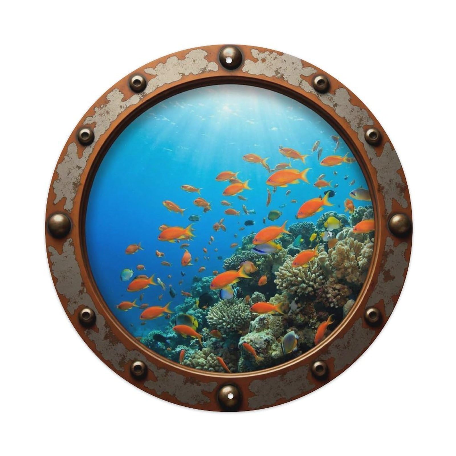 Cwbufd Vintage Style Vintage Porthole Anthias Fish Nautical Window View Vintage Metal Tin Sign Plaque Wall Decor For Cafe, Club Bar, Office, Garden Metal Poster 8X8inch