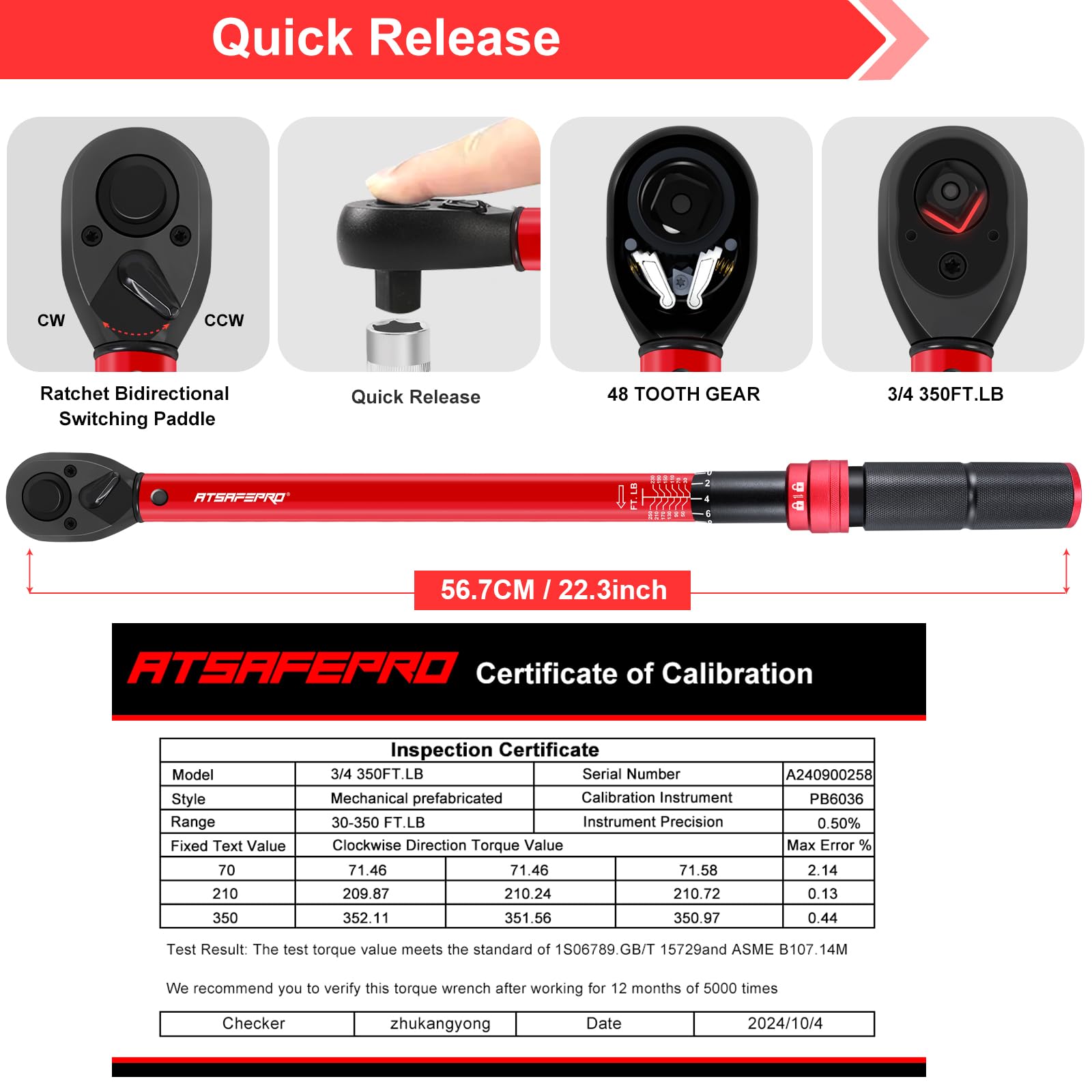 ATsafepro Llave dinamométrica de 3/4, llave dinamométrica de 3/4, 30-350 pies-libra (40.7-474.3 Nm), escala doble, llave dinamométrica de instrumentos de precisión, precisión precalibrada +-3%, 48