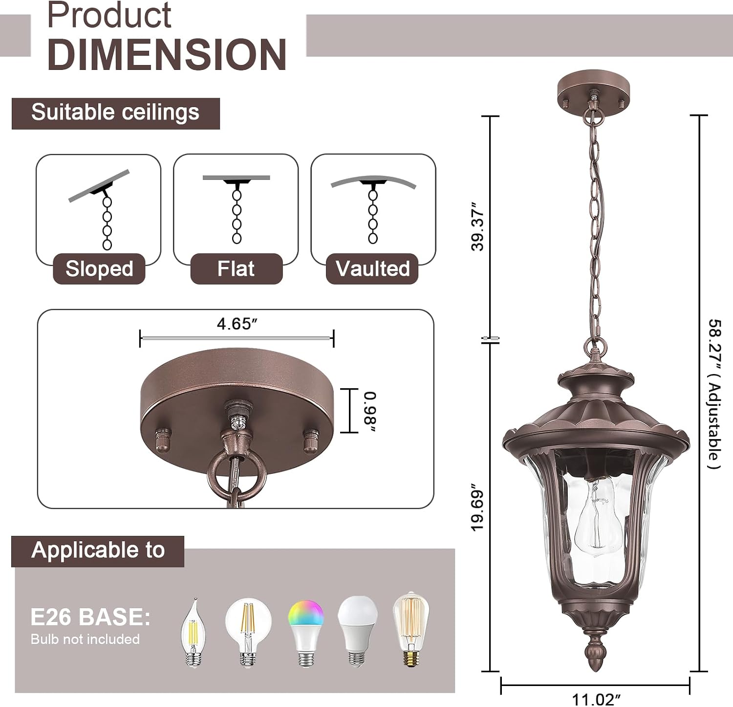 Dusk to Dawn Outdoor Pendant Light for Porch, 58'' Large Exterior Hanging Lantern Fixture Sensor Outdoor Chandelier in Black Finish for Entryway,Doorway,Farmhouse,Foyer, ORB