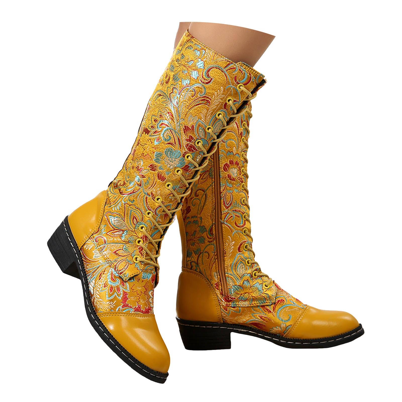 ZSpzx Women Cowboy Knee High Boots Sparkly Flower Embroidery Cowgirl Western Boots Leather Lace up Vintage Combat Booties