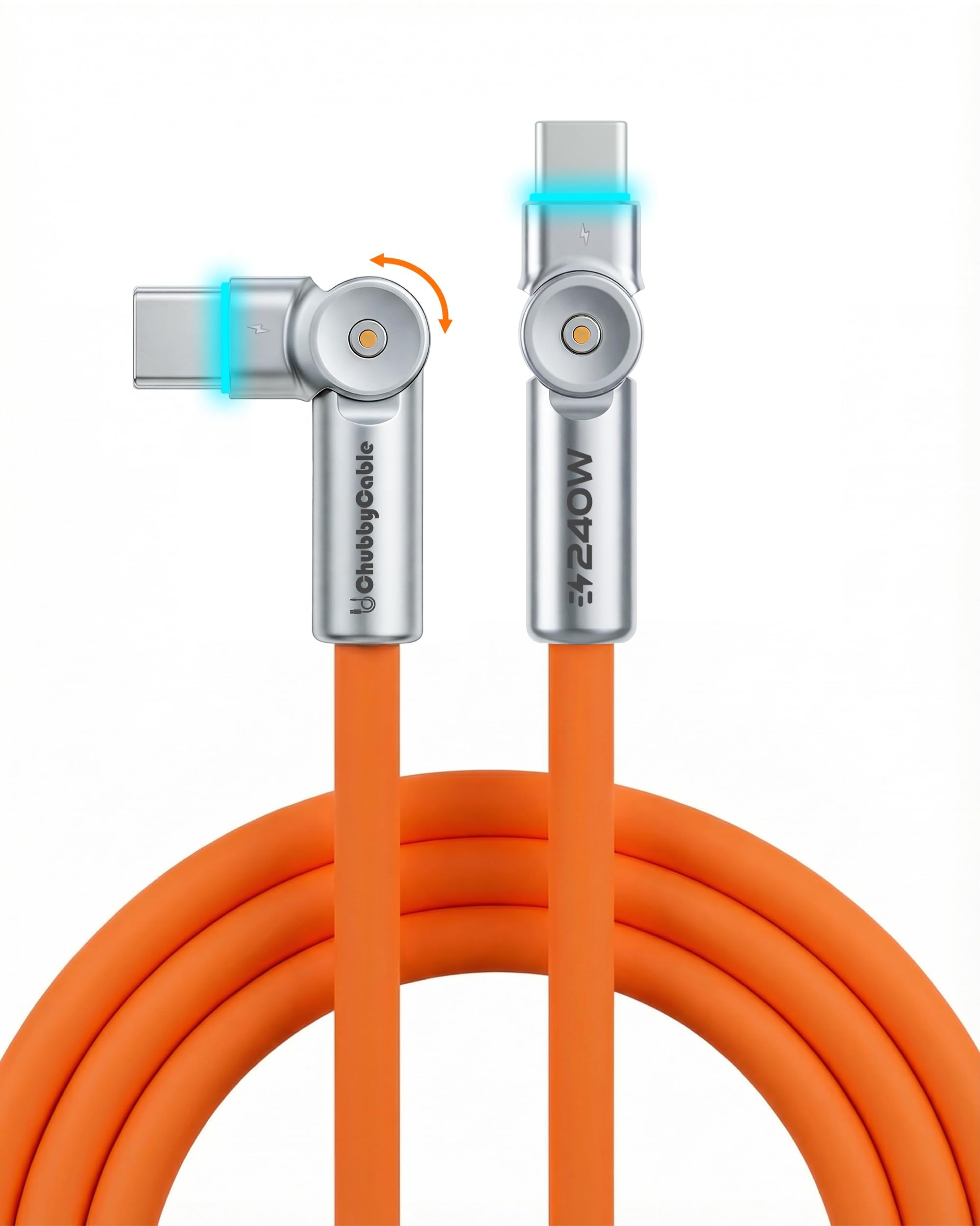 chubbycable USB C ケーブル L字 1m 両端 180度回転 240W 高速充電 Type Cケーブル タイプc LEDライト付き ソフトシリコン製 極厚 耐久性 充電コード, （オレンジ）