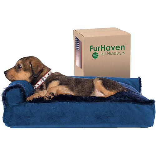 Furhaven Pillow Dog Bed for Small Dogs w/ Removable Bolsters & Washable Cover - Plush & Velvet L Shaped Chaise - Deep Sapphire, Small