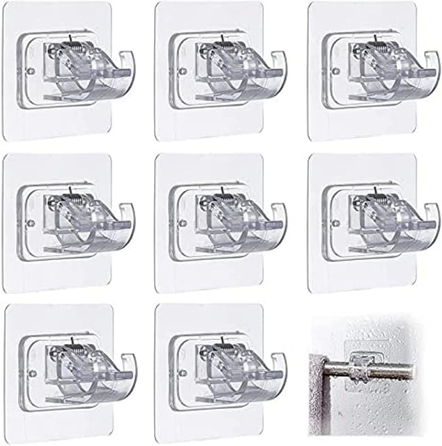 Drill Free Curtain Pole Holder, 8 PCS Nail Free Adjustable Rod Bracket Holders Self-Adhesive Curtain Pole Brackets, Home Hotel Shower Kitchen Towel for Kitchen Utensils Rod Holder (Transparent)