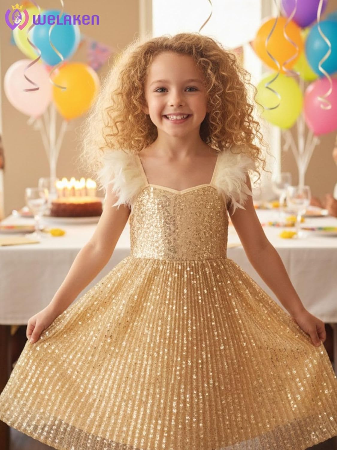 WELAKEN Girls Sparkly Sequin Dress Feather Strap Pleated Twirl Party Formal Dress - Image 2