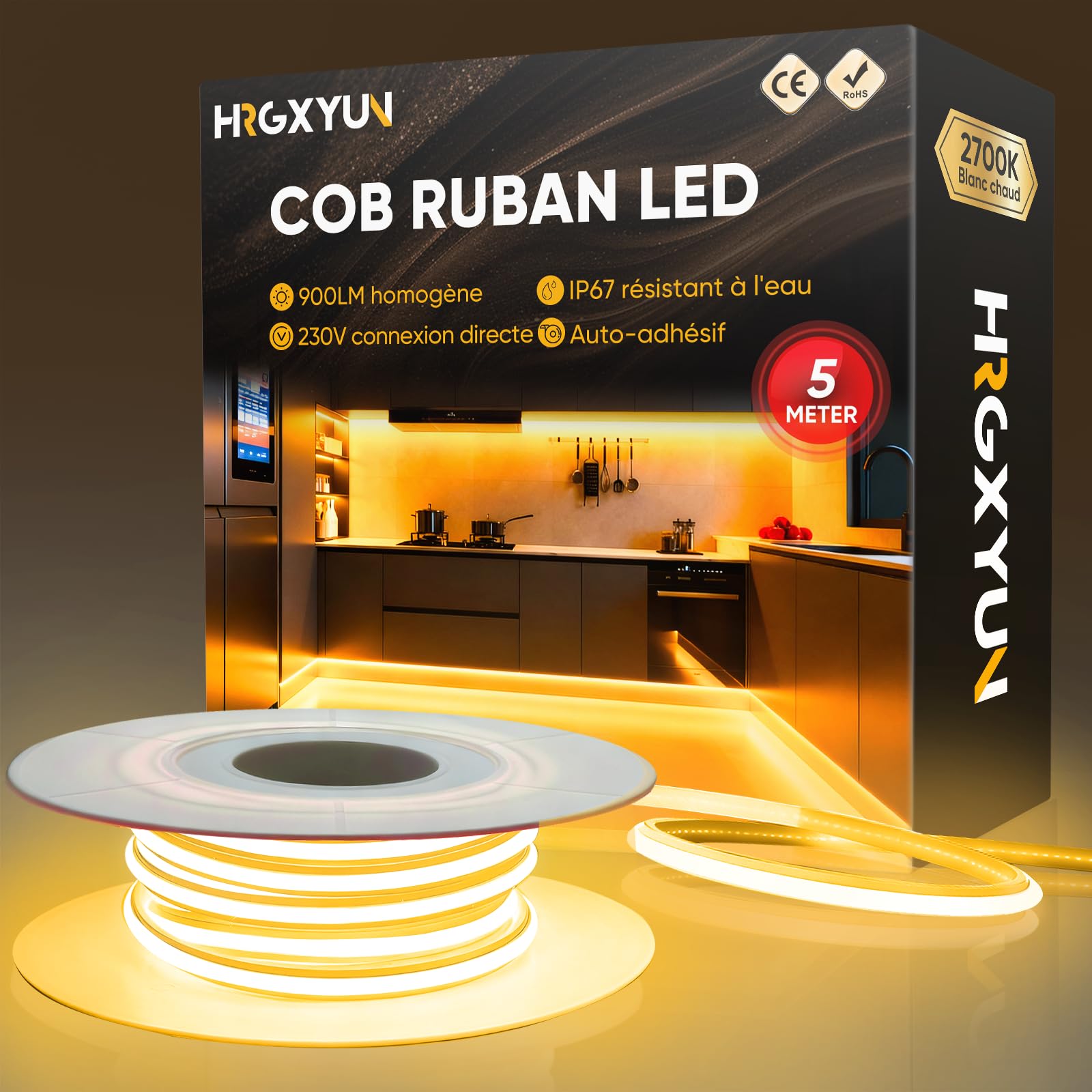 230V COB Ruban LED Extérieur, 240 LEDs IP67 Etanche Autocollant, Bande LED 900LM Sans Transformateur Flexible Découpable pour Chambre, Cuisine, Exterieur Décoration, 2700K Blanc chaud, 5m