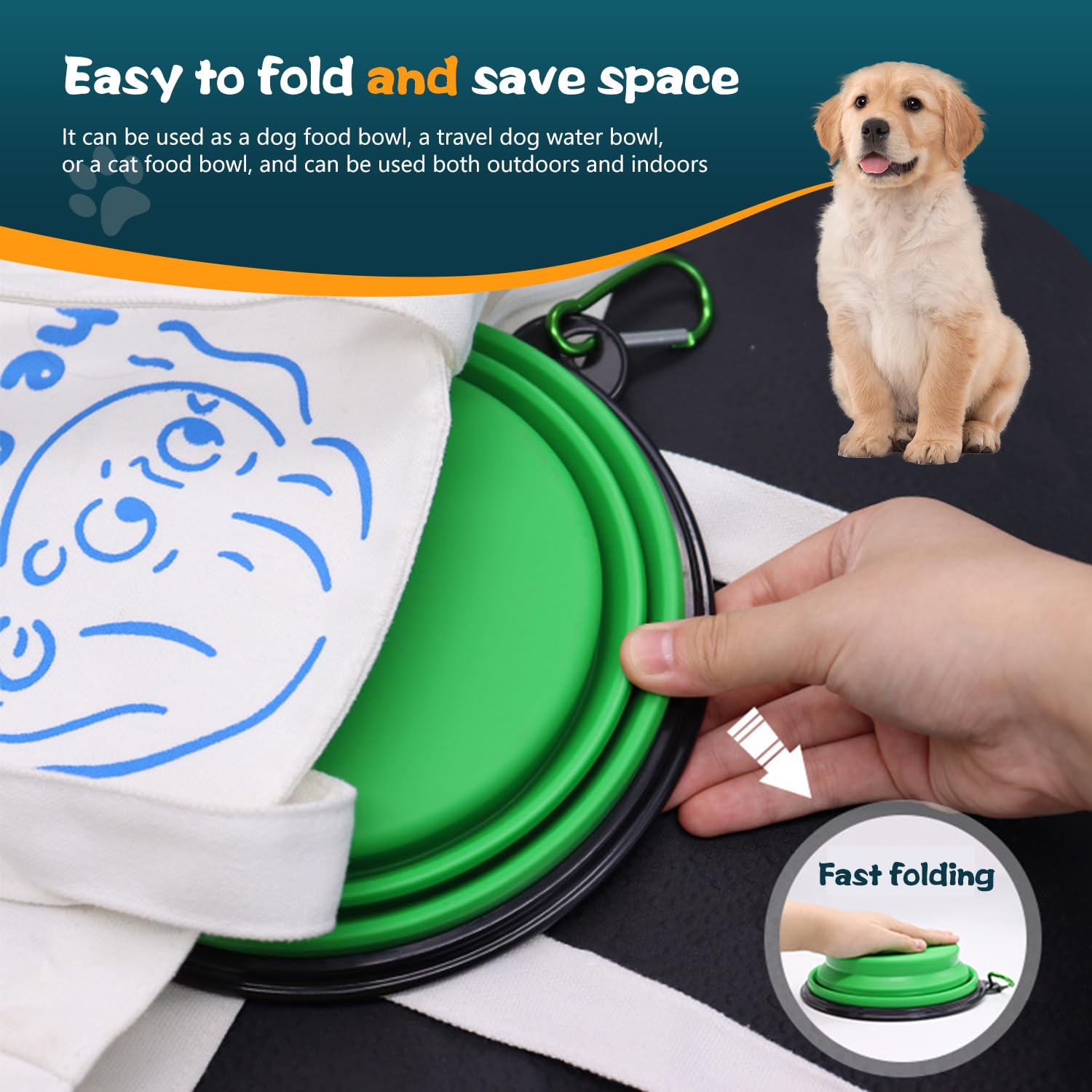 Lot de 2 gamelles pliables en silicone pour chien - Gamelles d'eau et de nourriture pour animaux domestiques avec boucles - Tasses et assiettes - Portable pliable et extensible