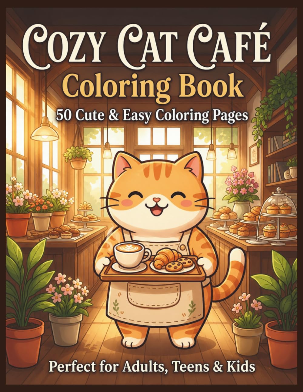 Cozy Cat Cafe Coloring Book: 50 Cute & Easy Coloring Pages for Adults, Teens & Kids