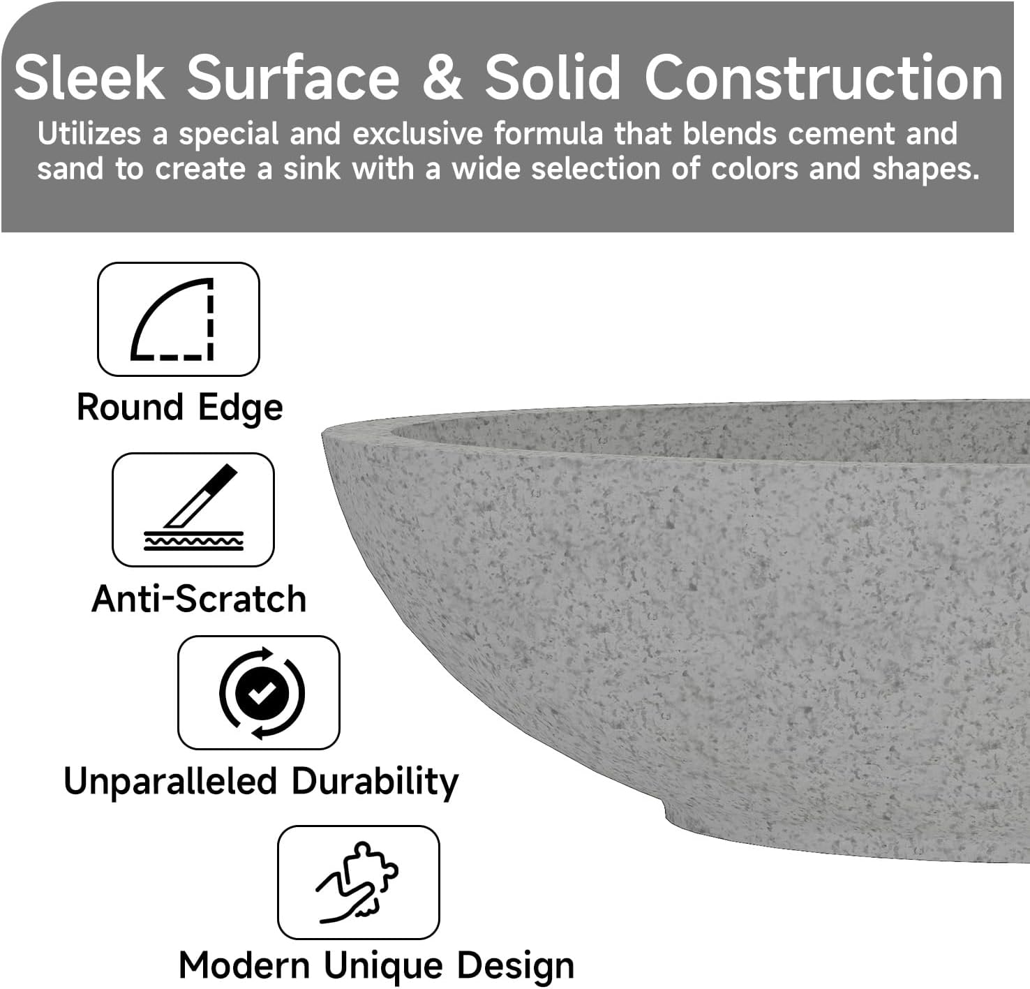 CASAINC Vessel Sink with Pop up Drainer, 19.3'' Concrete Countertop Bathroom Sink, Black Above Counter Bowl Basin, Egg-Shape Modern Bathroom Vanity Sink (Mottled Bluish Grey)