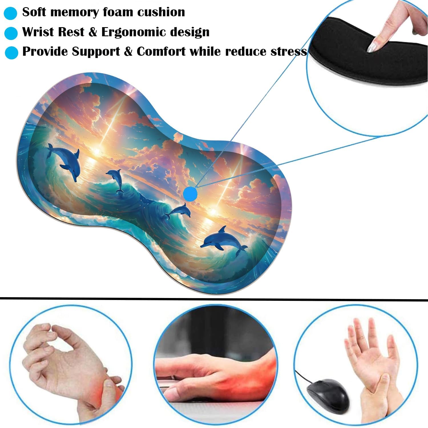 RGB Large Gaming LED Light Edge Mouse Pad + Wrist Rest + Coaster, Non-Slip Extended Waterproof Desk Mat with Stitched Edges 31.5"x11.8" for Work and Gaming, Dolphins in The Moonlight