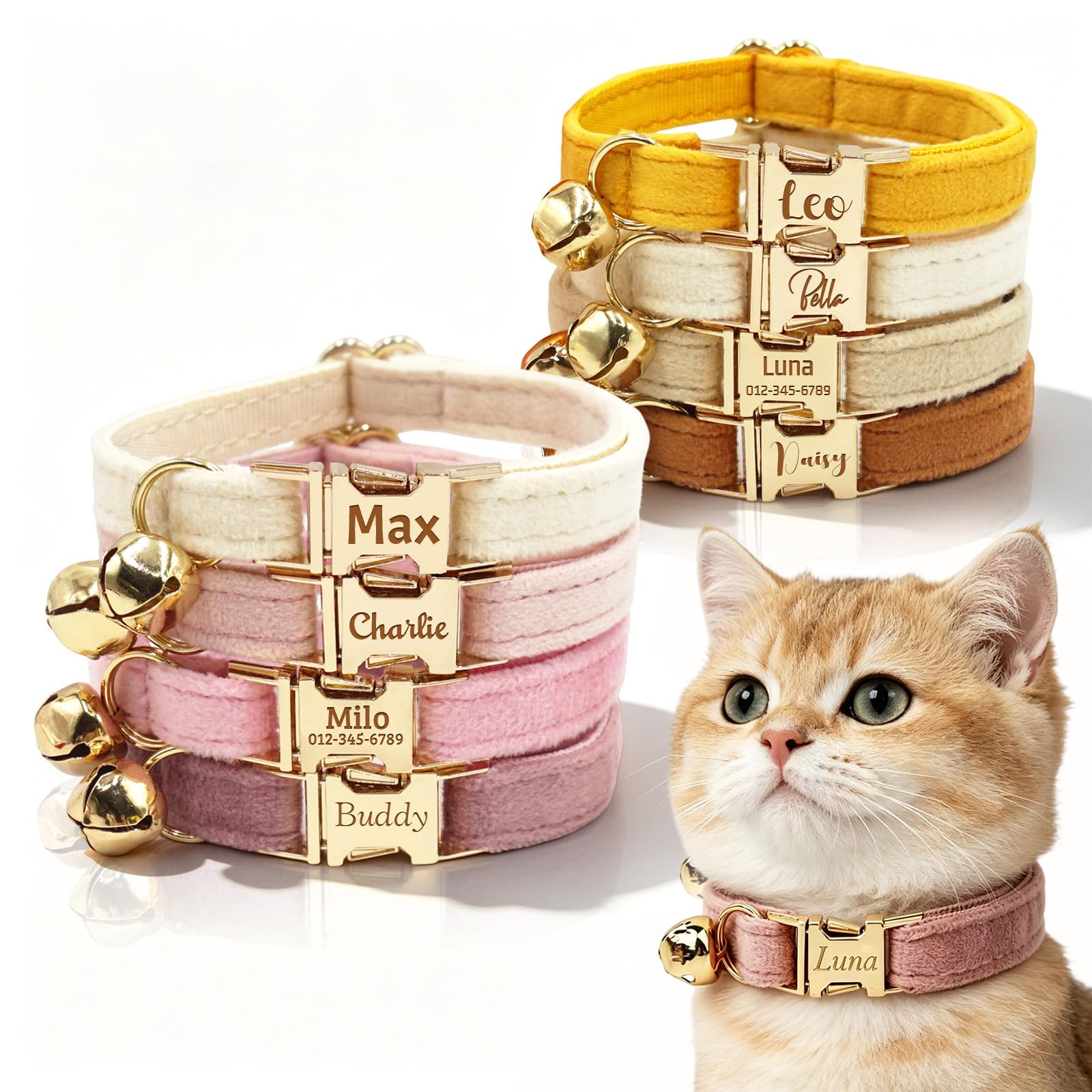 Custom Engraved Cat Collar with Personalized Name ID, Cat Collars with Bell, for Boy Girl Cats and Kitten, Durable Adjustable Pink Velvet kitten Collar Gift for Pet Lovers (cat collar 2)