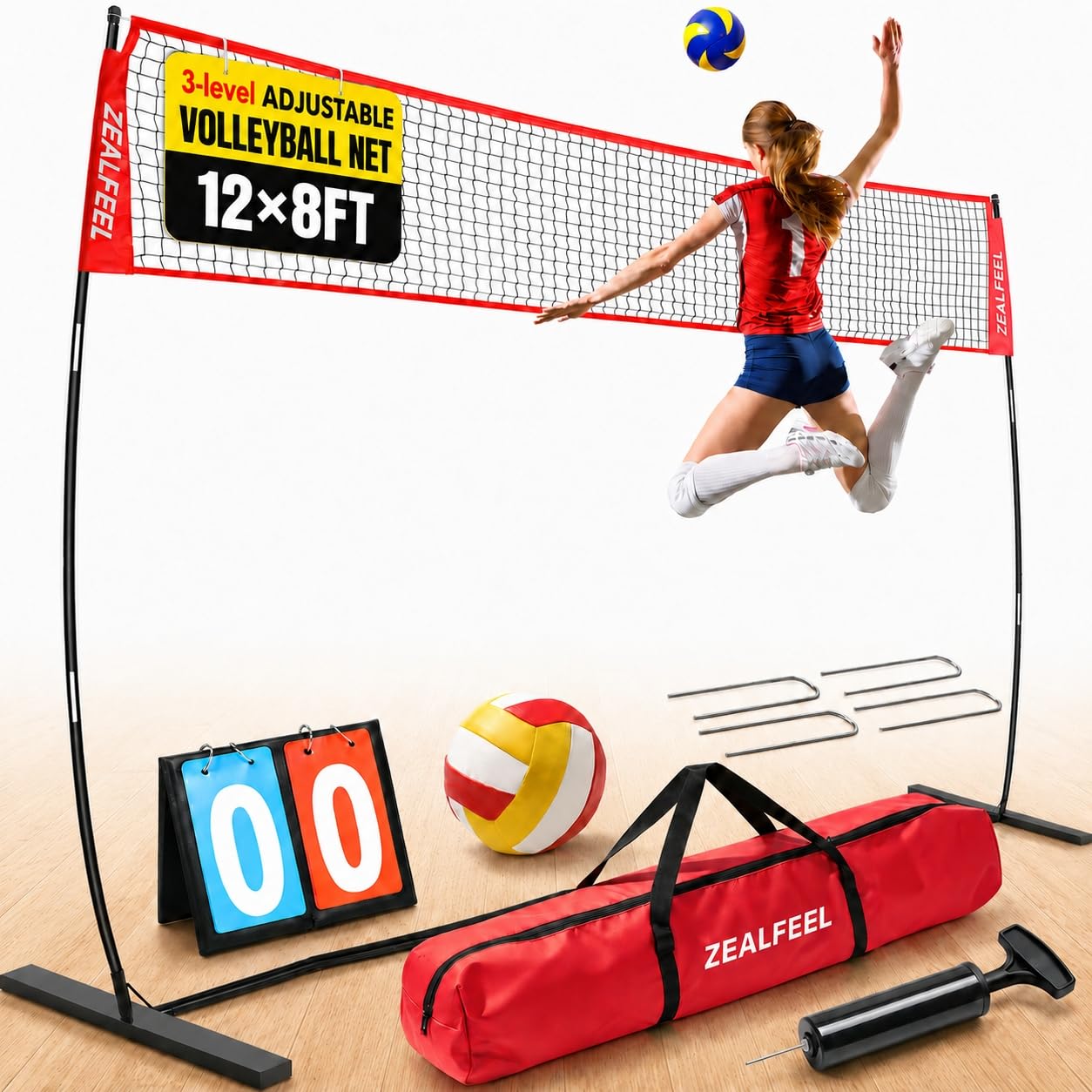 ZEALFEEL 12FT Volleyball Net with 3 Adjustable Heights (8'/7.4'/6.6')