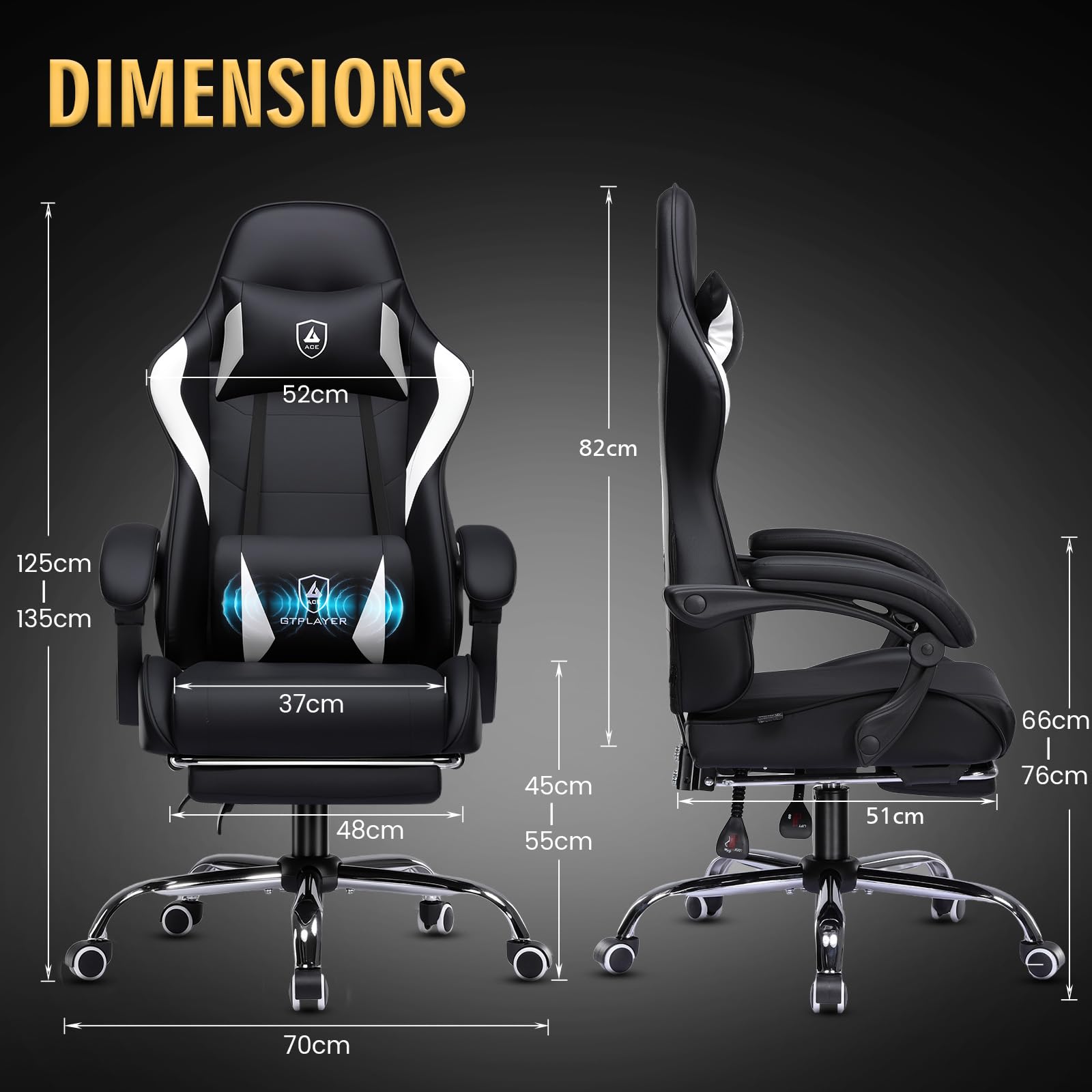 GTPLAYER, Silla de gaming, silla de oficina con soporte lumbar de masaje, reposacabezas ajustable, reposapiés ergonómico, reposabrazos de conexión y reposapiés, 150 kg, color negro