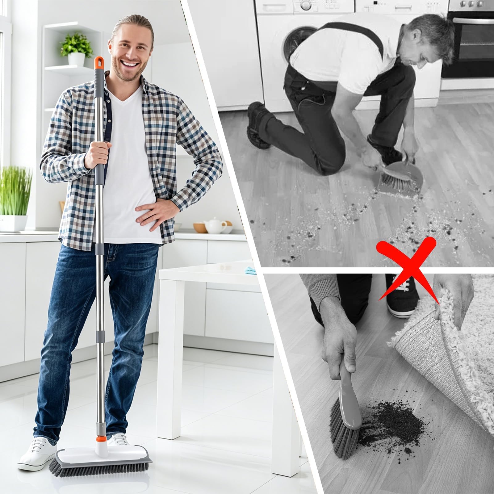 ITTAR Spazzola per pavimenti estensibile da 139,7 cm, larghezza 30,5 cm, 2 in 1, per pulire piastrelle con setole rigide per pavimenti doccia, cucina, ristorante, patio e garage, arancione