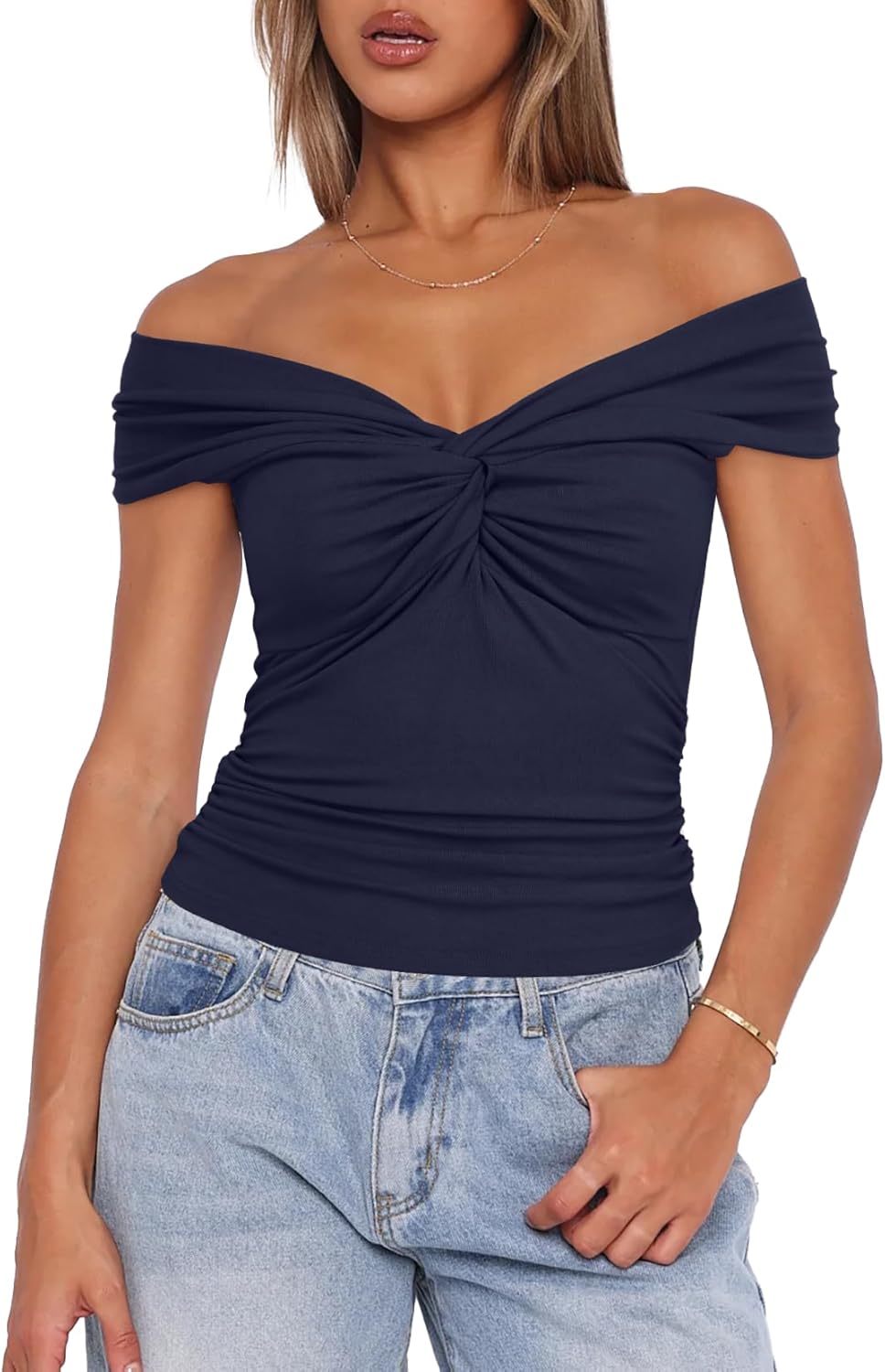 Darong Women Summer Twist Knot Front Off The Shoulder Tank Tops Cap Sleeve Going Out Shirts Slim Fitted Y2K Outfits - Image 4